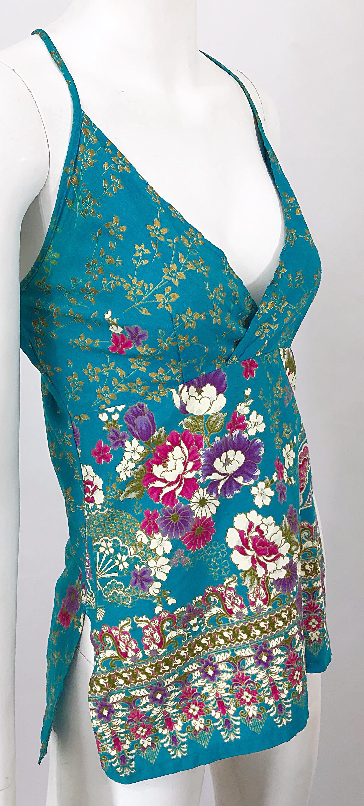 1970s Teal Blue + Gold + Pink Hand Painted Boho Vintage 70s Halter Top Shirt In Excellent Condition For Sale In San Diego, CA