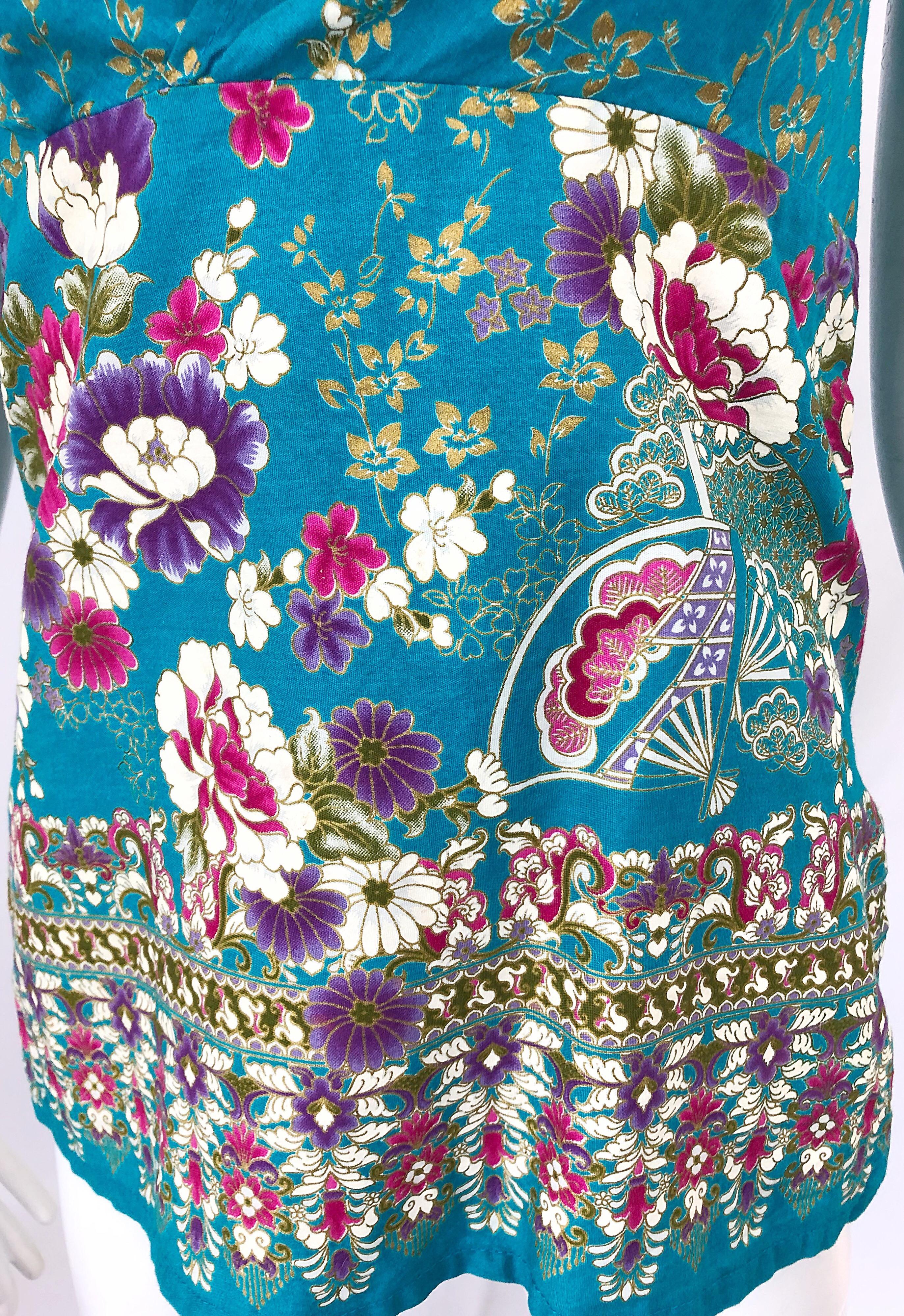 1970er Teal Blau + Gold + Rosa Handbemaltes Boho Vintage 70er Jahre Halter Top Shirt im Angebot 4
