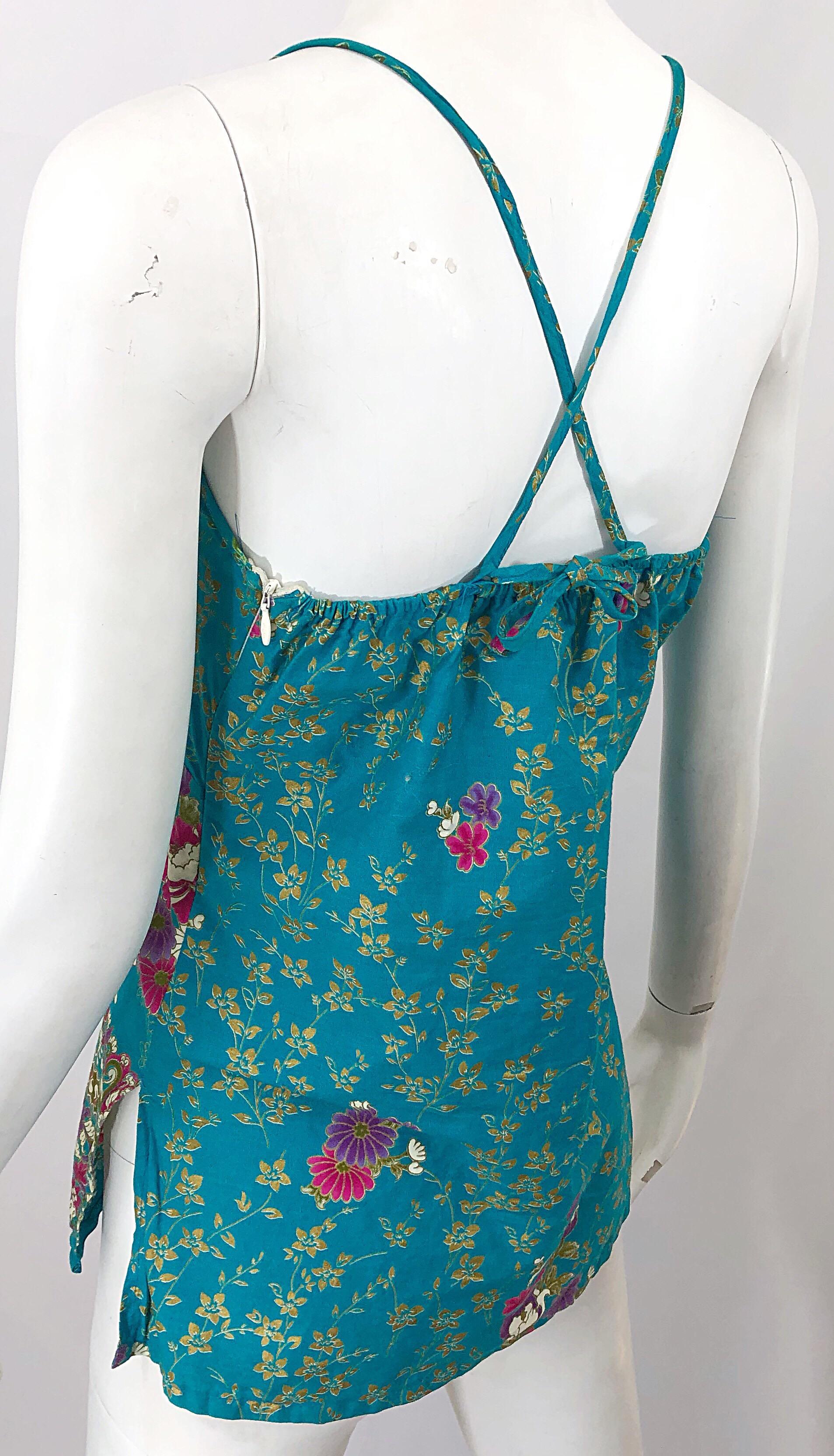 1970s Teal Blue + Gold + Pink Hand Painted Boho Vintage 70s Halter Top Shirt For Sale 2