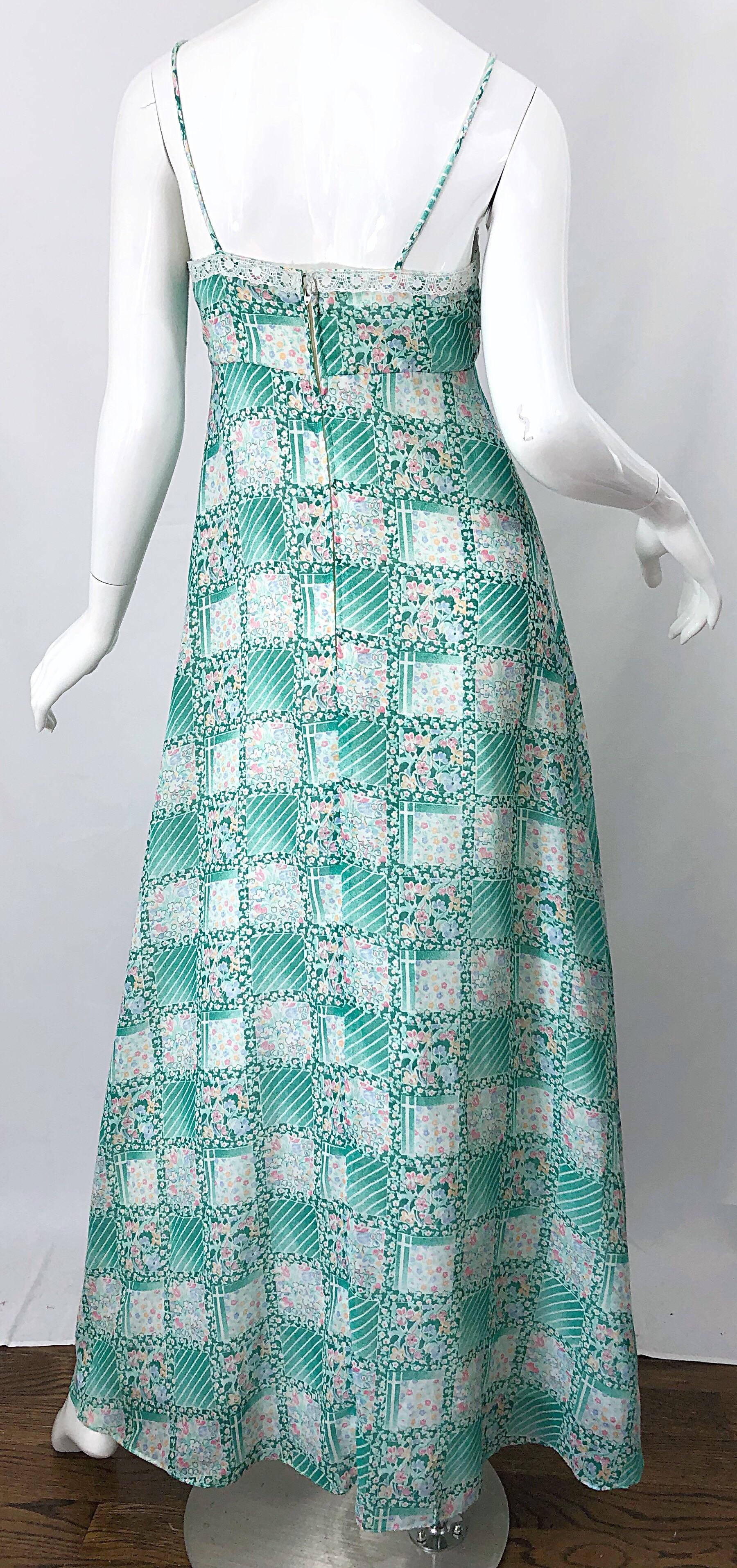 1970s Teal Green Blue Pink Flower Printed Cotton + Lace Vintage 70s Maxi Dress For Sale 3