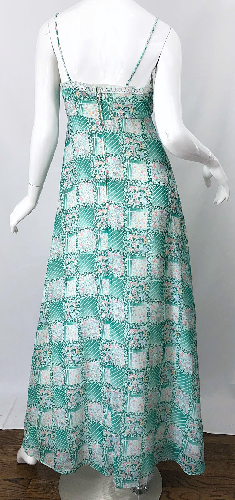 VINTAGE 60s 70s BLUE PINK BLACK GREEN DITSY FLORAL SHEER MAXI DRESS 6 main image 1
