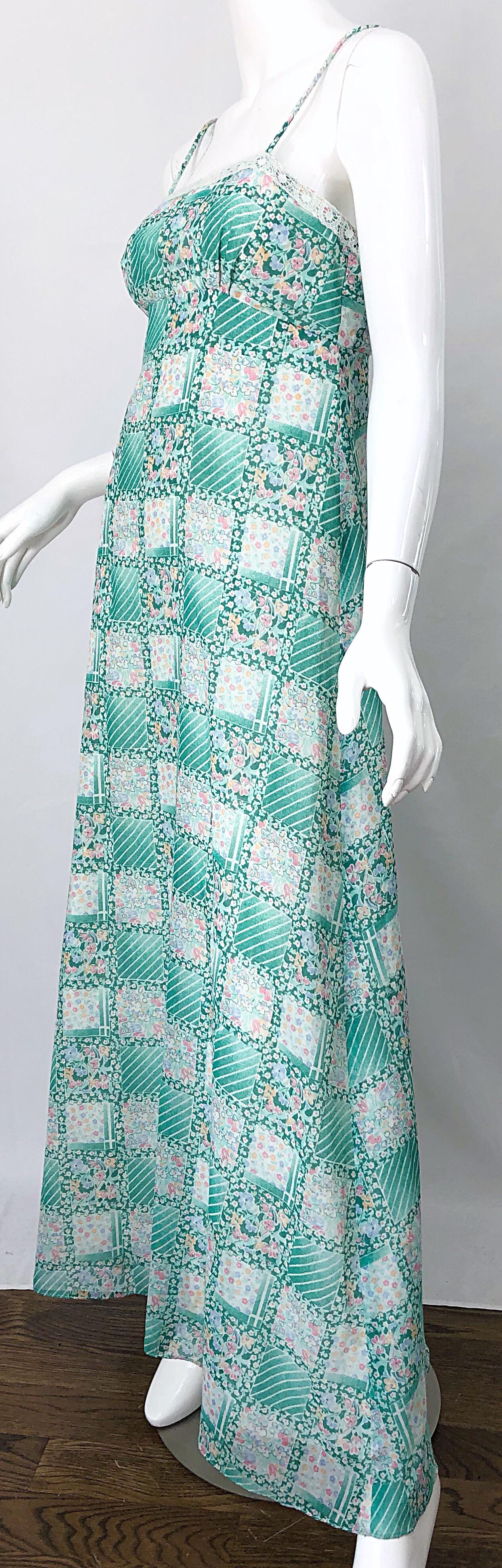 1970s Teal Green Blue Pink Flower Printed Cotton + Lace Vintage 70s Maxi Dress For Sale 4