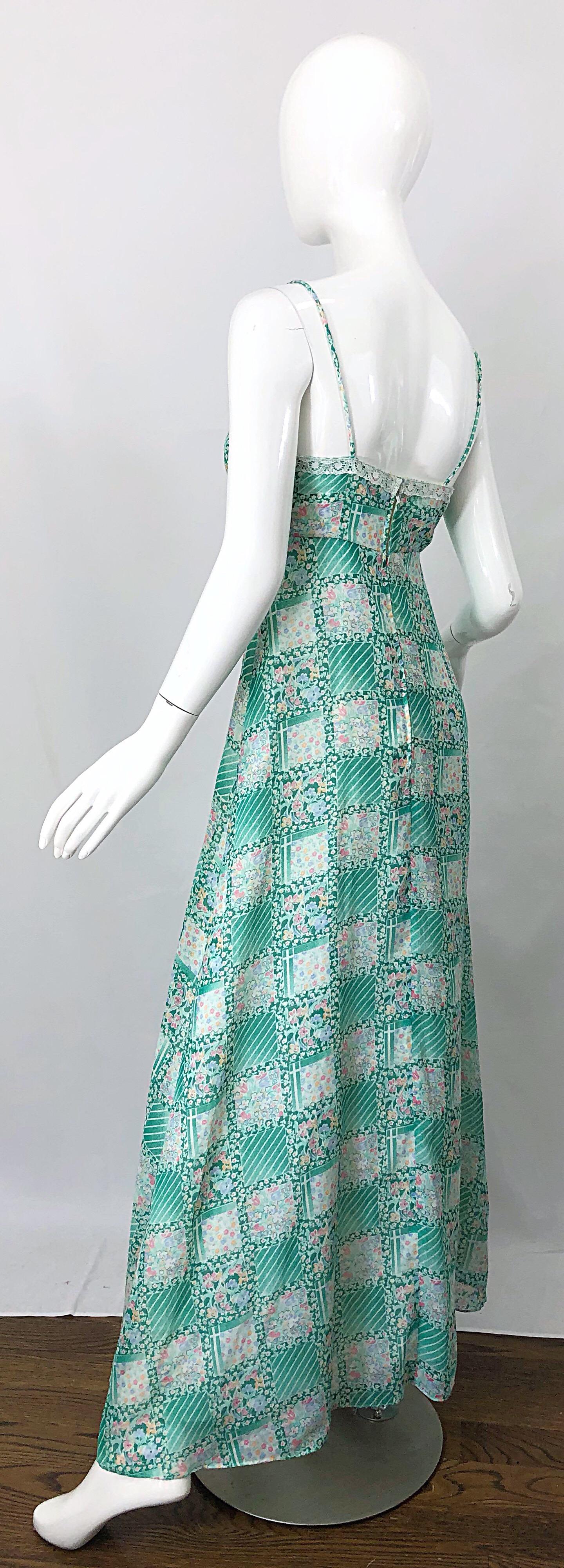 1970s Teal Green Blue Pink Flower Printed Cotton + Lace Vintage 70s Maxi Dress For Sale 5