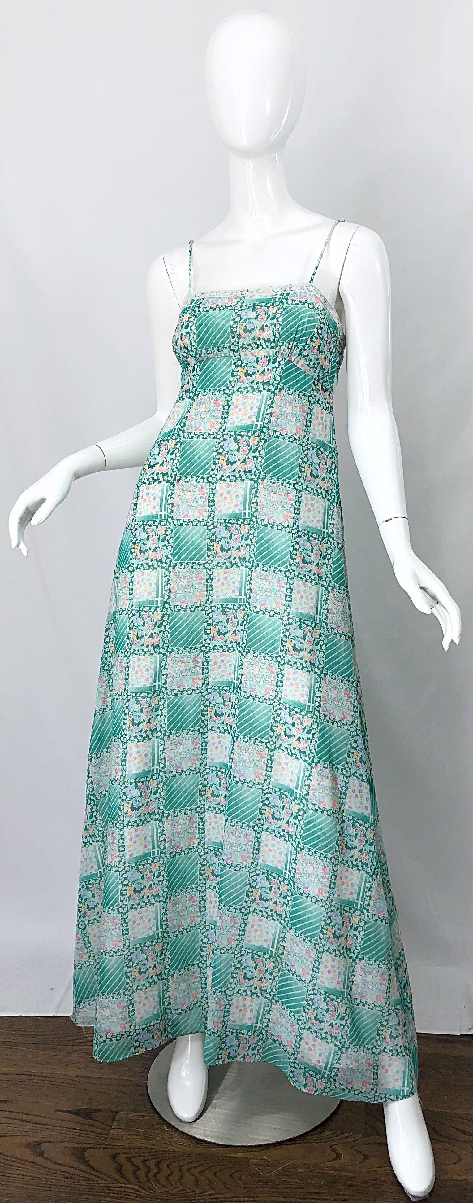 1970s Teal Green Blue Pink Flower Printed Cotton + Lace Vintage 70s Maxi Dress For Sale 6