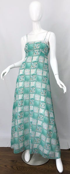 1970s Teal Green Blue Pink Flower Printed Cotton + Lace Vintage 70s Maxi Dress