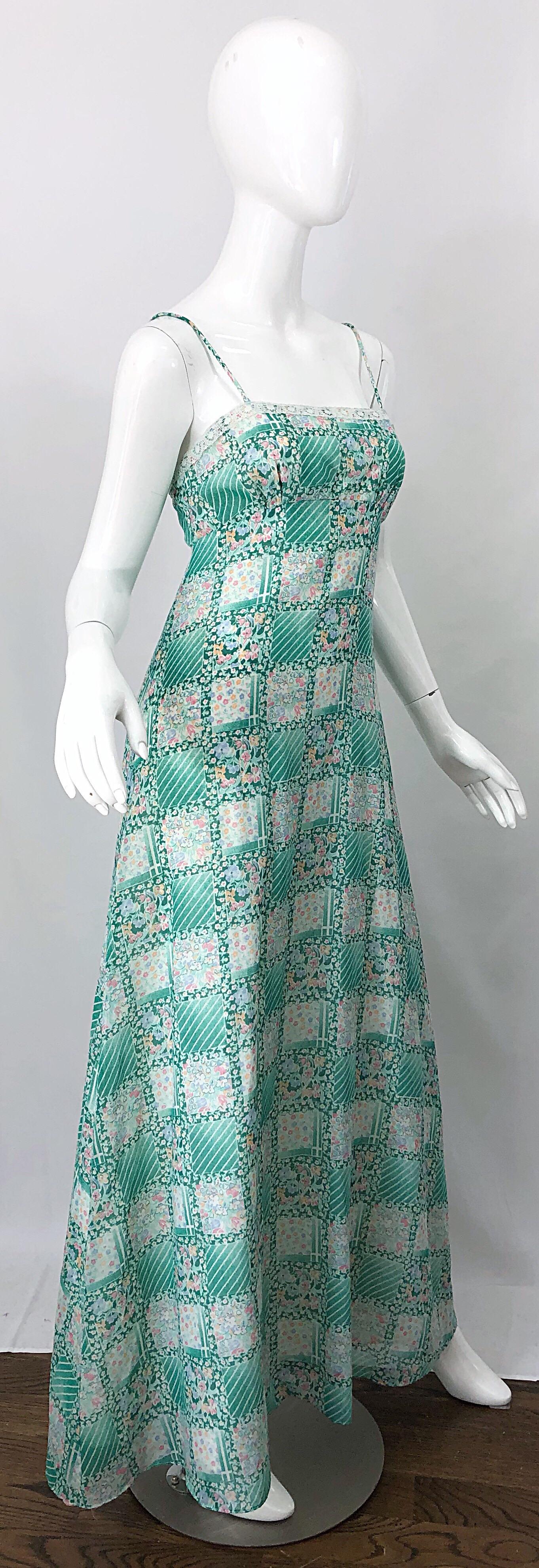1970s Teal Green Blue Pink Flower Printed Cotton + Lace Vintage 70s Maxi Dress In Excellent Condition For Sale In San Diego, CA