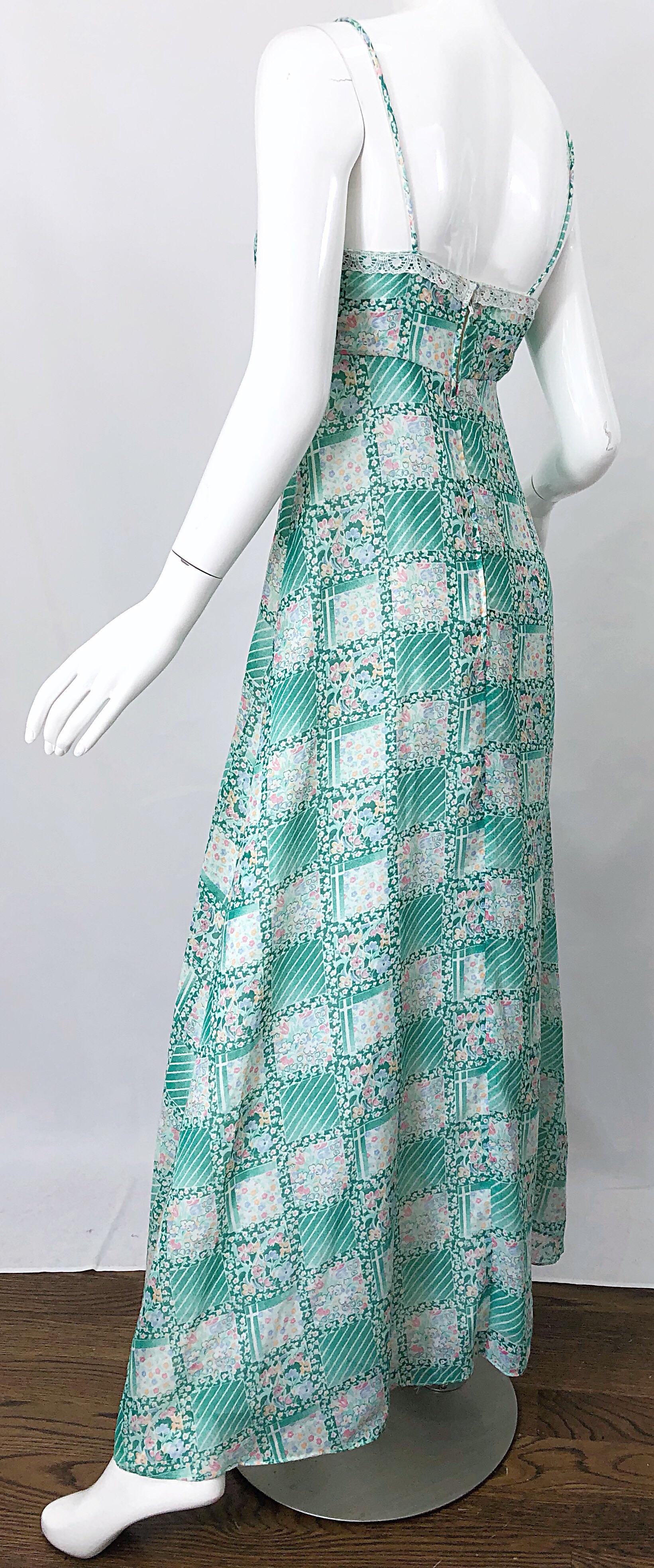 Women's 1970s Teal Green Blue Pink Flower Printed Cotton + Lace Vintage 70s Maxi Dress For Sale