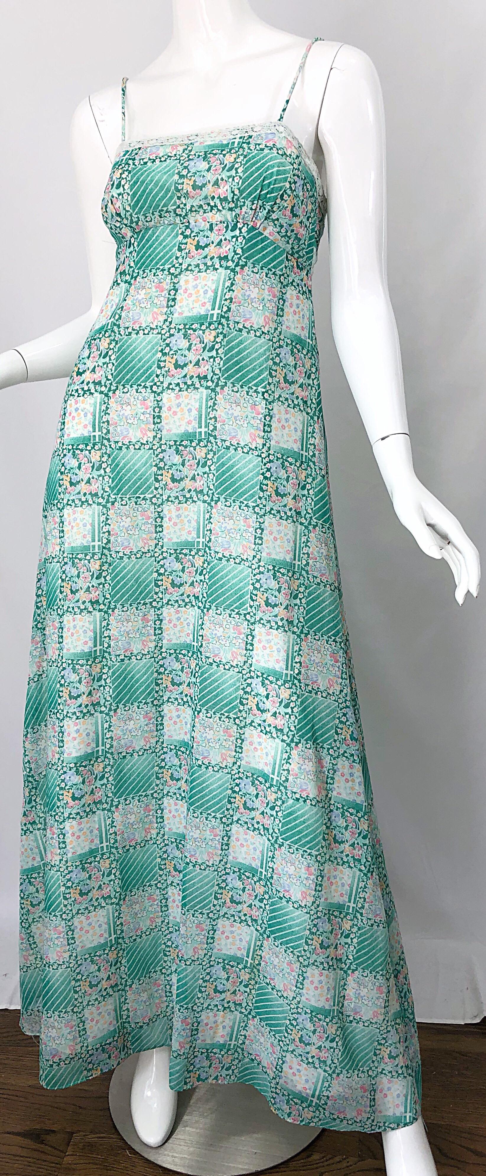 1970s Teal Green Blue Pink Flower Printed Cotton + Lace Vintage 70s Maxi Dress For Sale 1