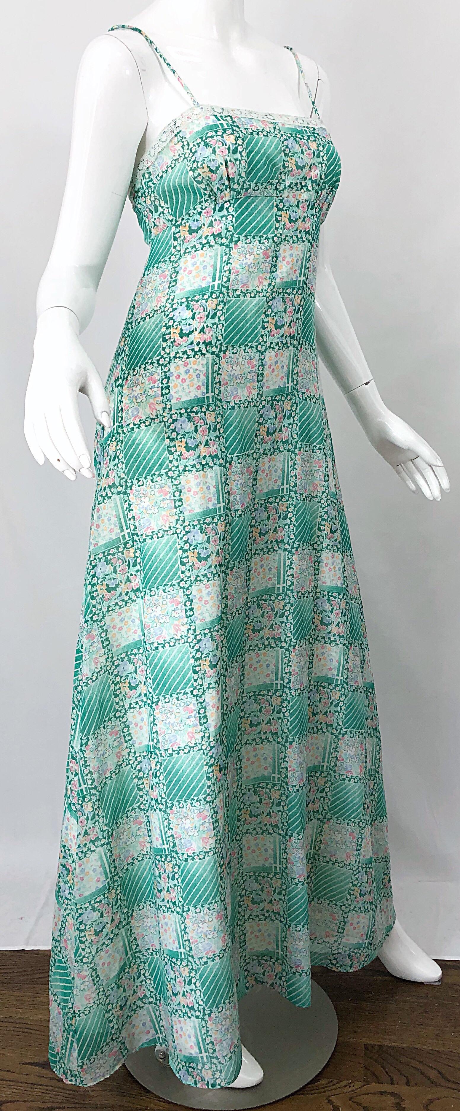 1970s Teal Green Blue Pink Flower Printed Cotton + Lace Vintage 70s Maxi Dress For Sale 2