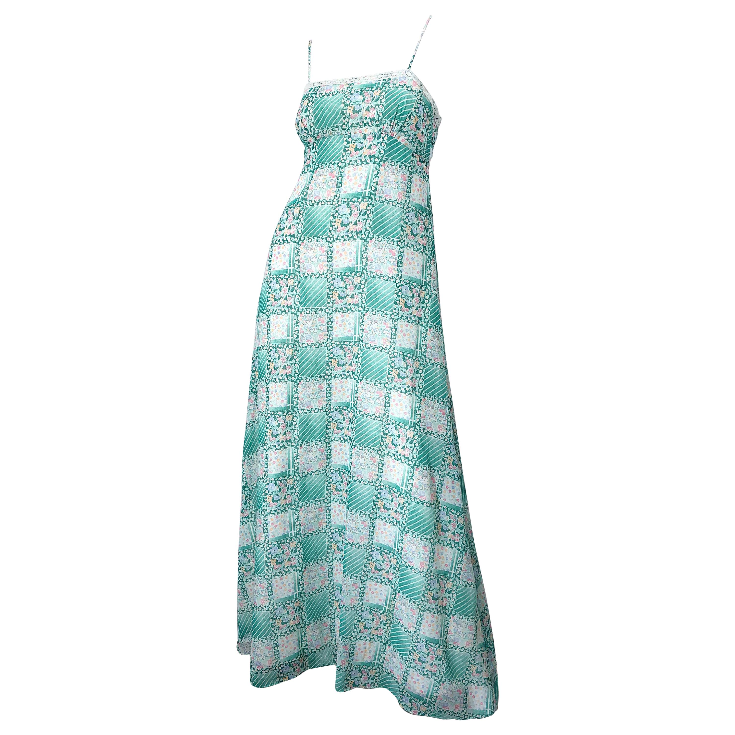 1970s Teal Green Blue Pink Flower Printed Cotton + Lace Vintage 70s Maxi Dress For Sale