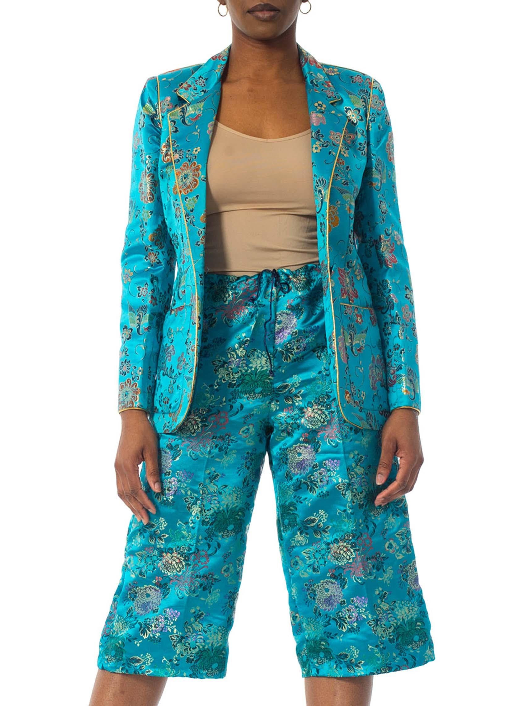 1970'S Teal Silk Brocade Chinese Pant Suit 3