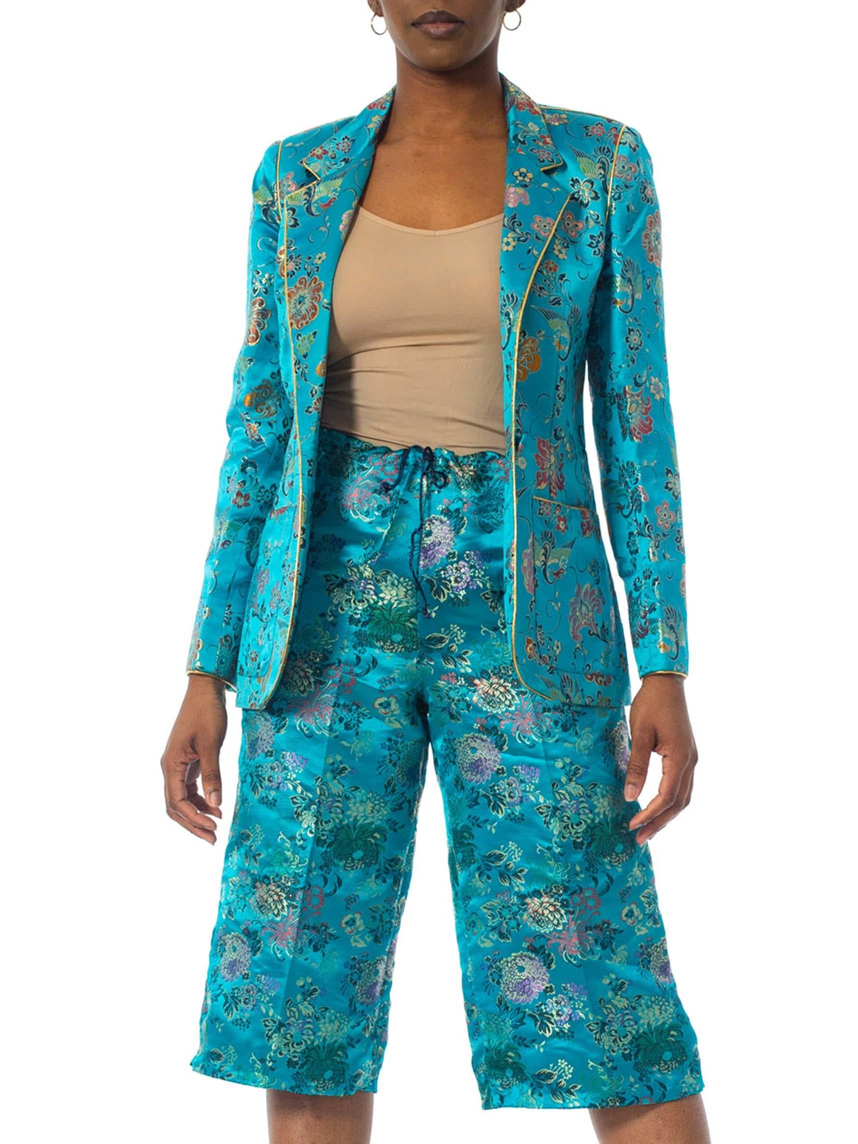 Blue 1970'S Teal Silk Brocade Chinese Pant Suit