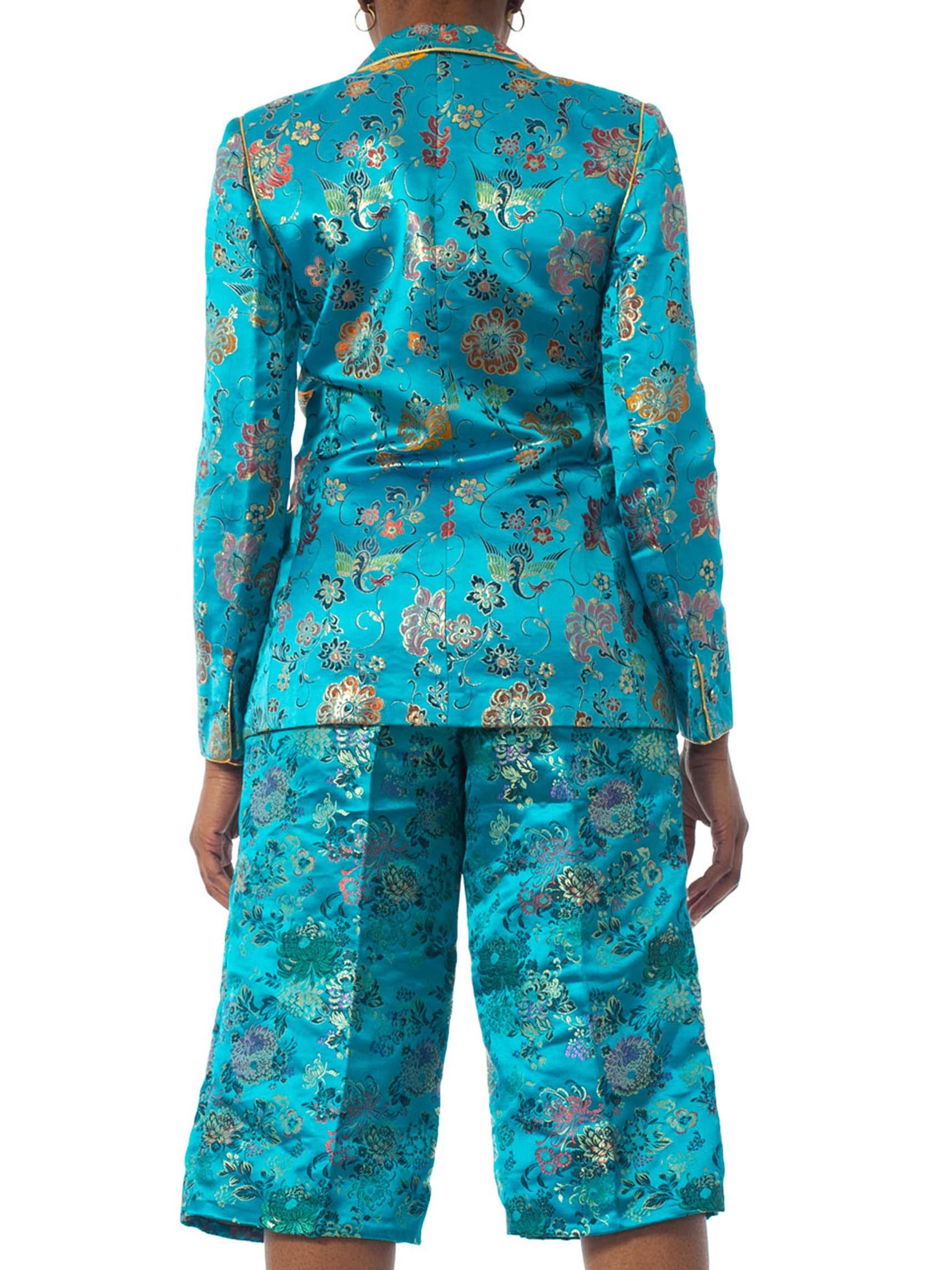 1970'S Teal Silk Brocade Chinese Pant Suit In Excellent Condition In New York, NY