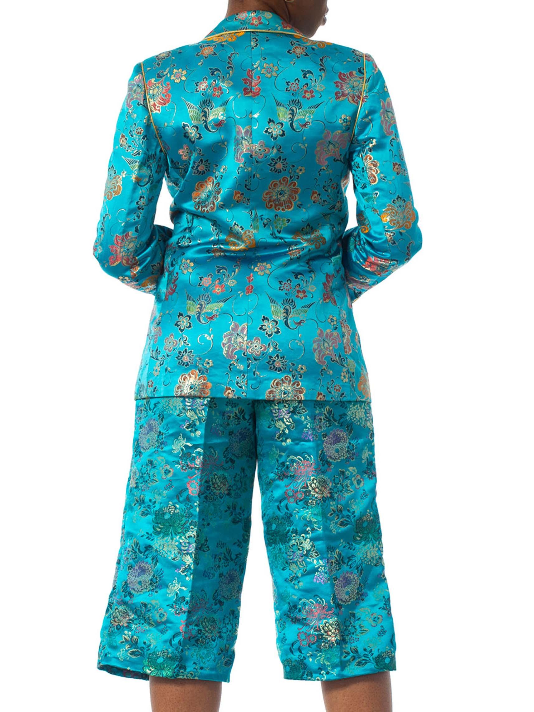 1970'S Teal Silk Brocade Chinese Pant Suit 2