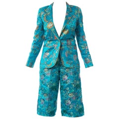 1970'S Teal Silk Brocade Chinese Pant Suit