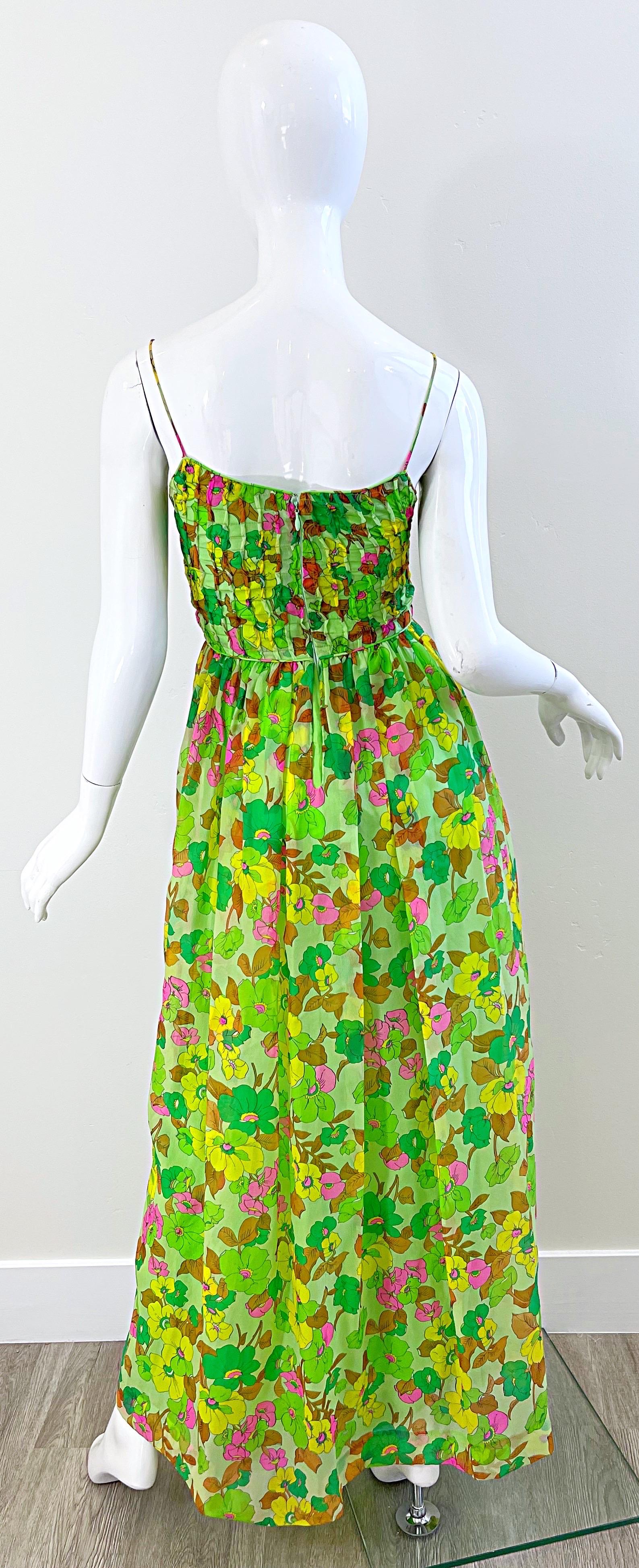 1970s Teal Traina Neon Green Silk Chiffon Vintage Maxi Dress and Shirt Jacket  For Sale 4