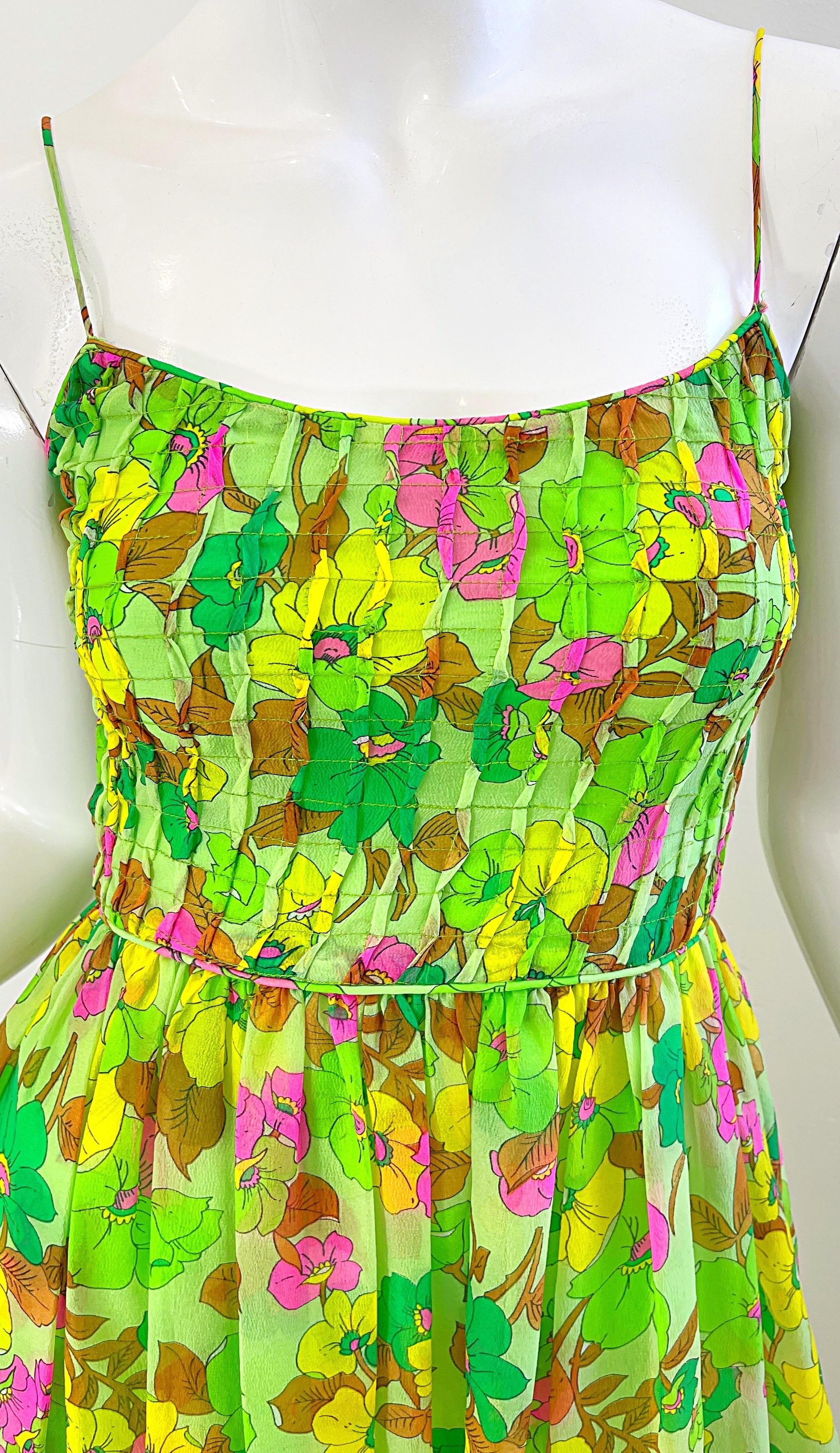 1970s Teal Traina Neon Green Silk Chiffon Vintage Maxi Dress and Shirt Jacket  For Sale 7