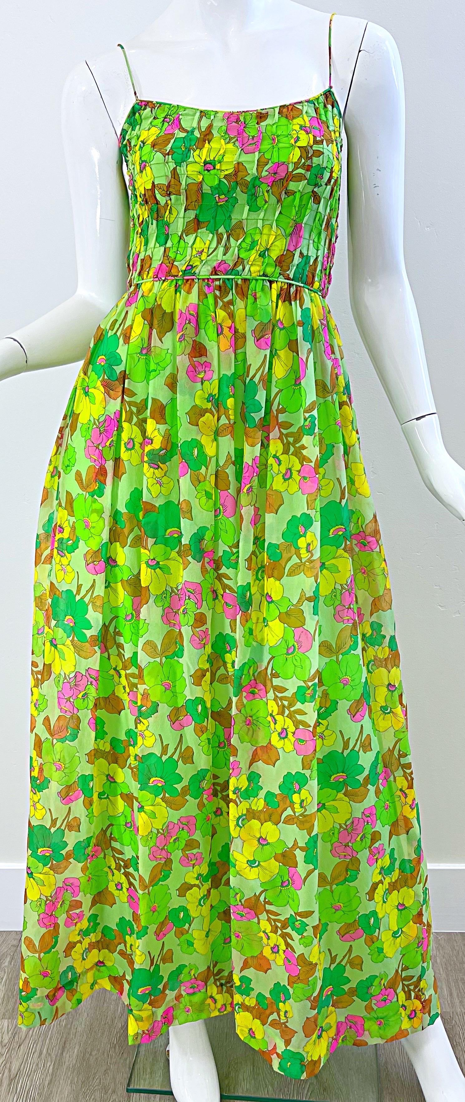 1970s Teal Traina Neon Green Silk Chiffon Vintage Maxi Dress and Shirt Jacket  For Sale 8