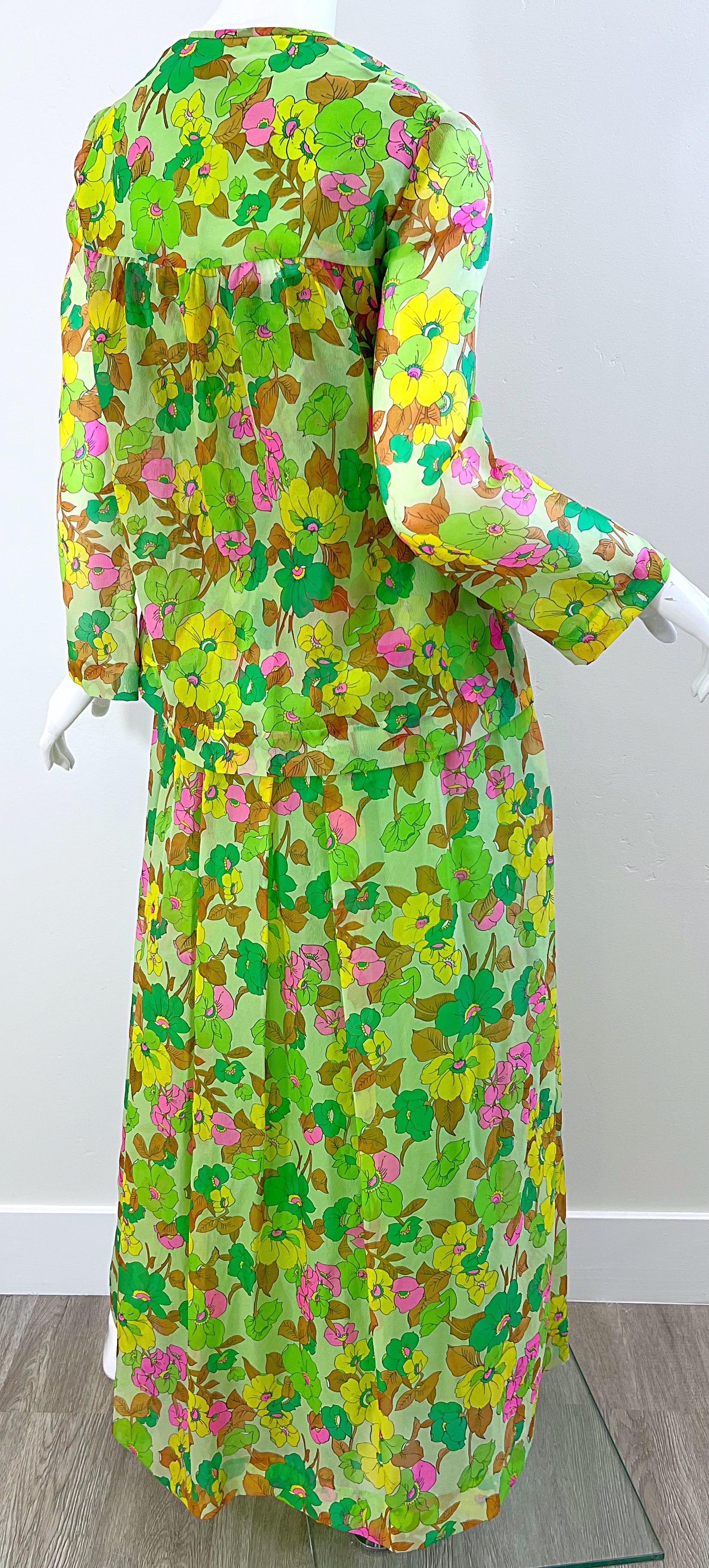 1970s Teal Traina Neon Green Silk Chiffon Vintage Maxi Dress and Shirt Jacket  For Sale 9