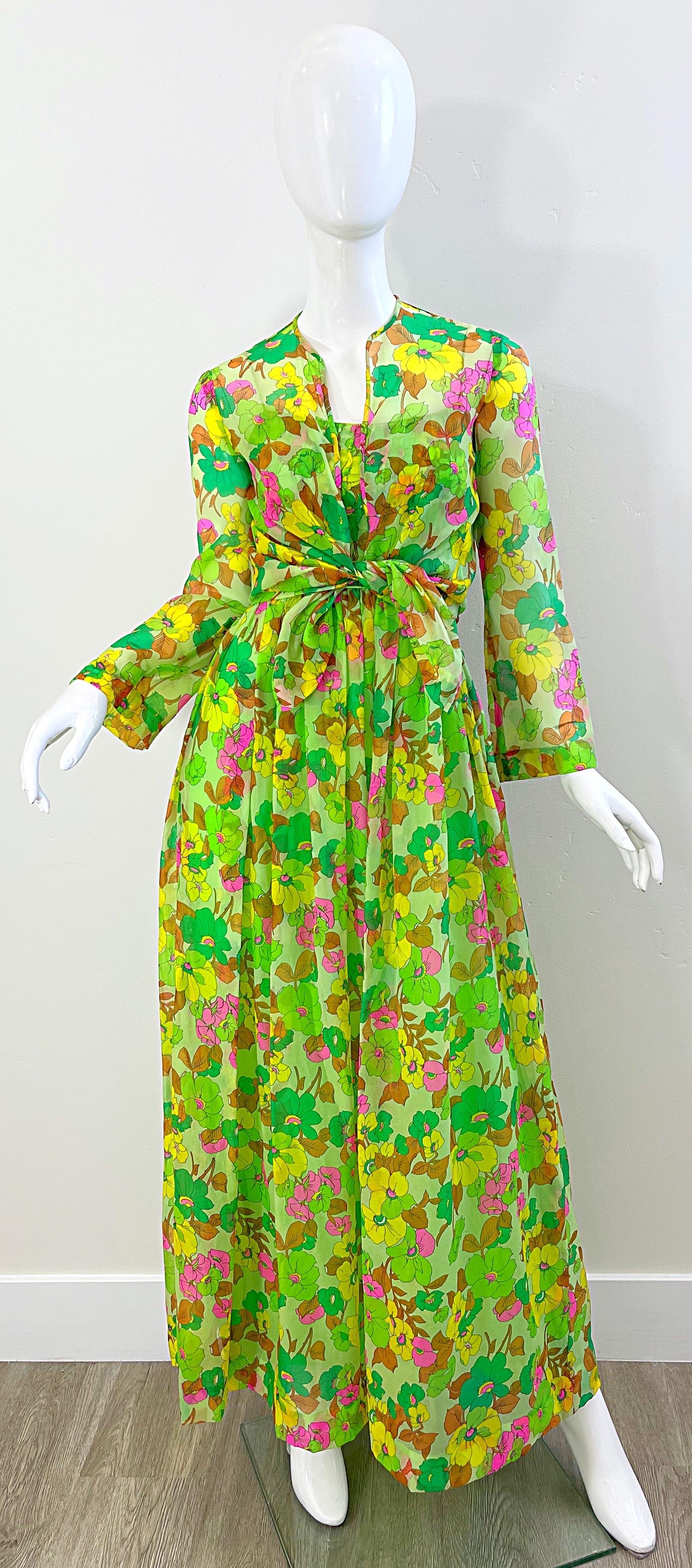 1970s Teal Traina Neon Green Silk Chiffon Vintage Maxi Dress and