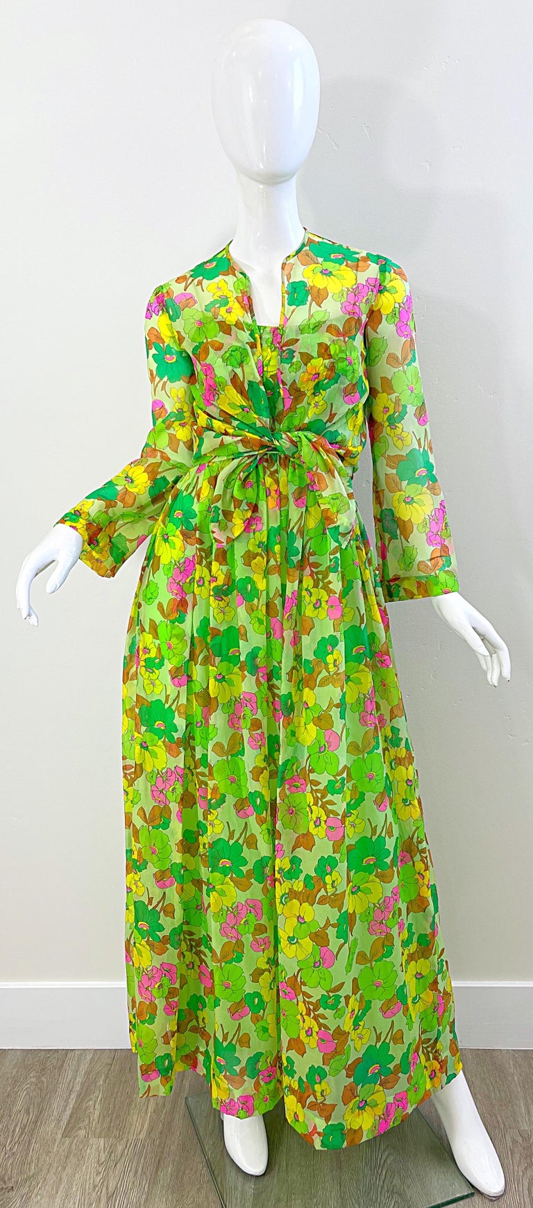 1970s Teal Traina Neon Green Silk Chiffon Vintage Maxi Dress and Shirt Jacket  For Sale 14