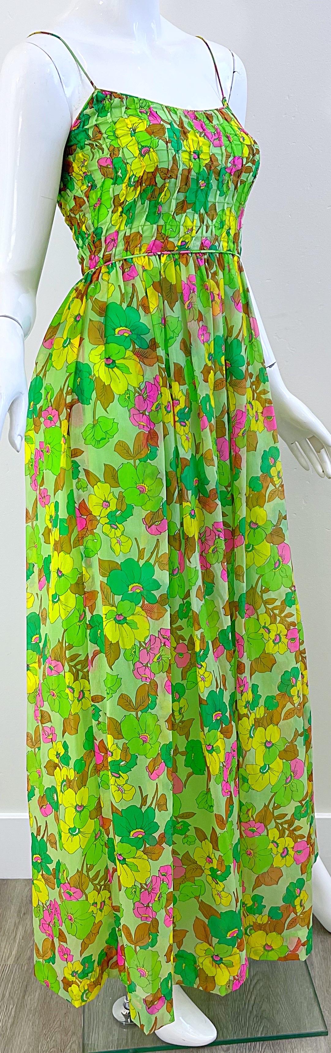 1970s Teal Traina Neon Green Silk Chiffon Vintage Maxi Dress and Shirt Jacket  For Sale 12