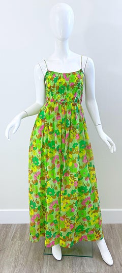 1970s Teal Traina Neon Green Silk Chiffon Vintage Maxi Dress and Shirt Jacket