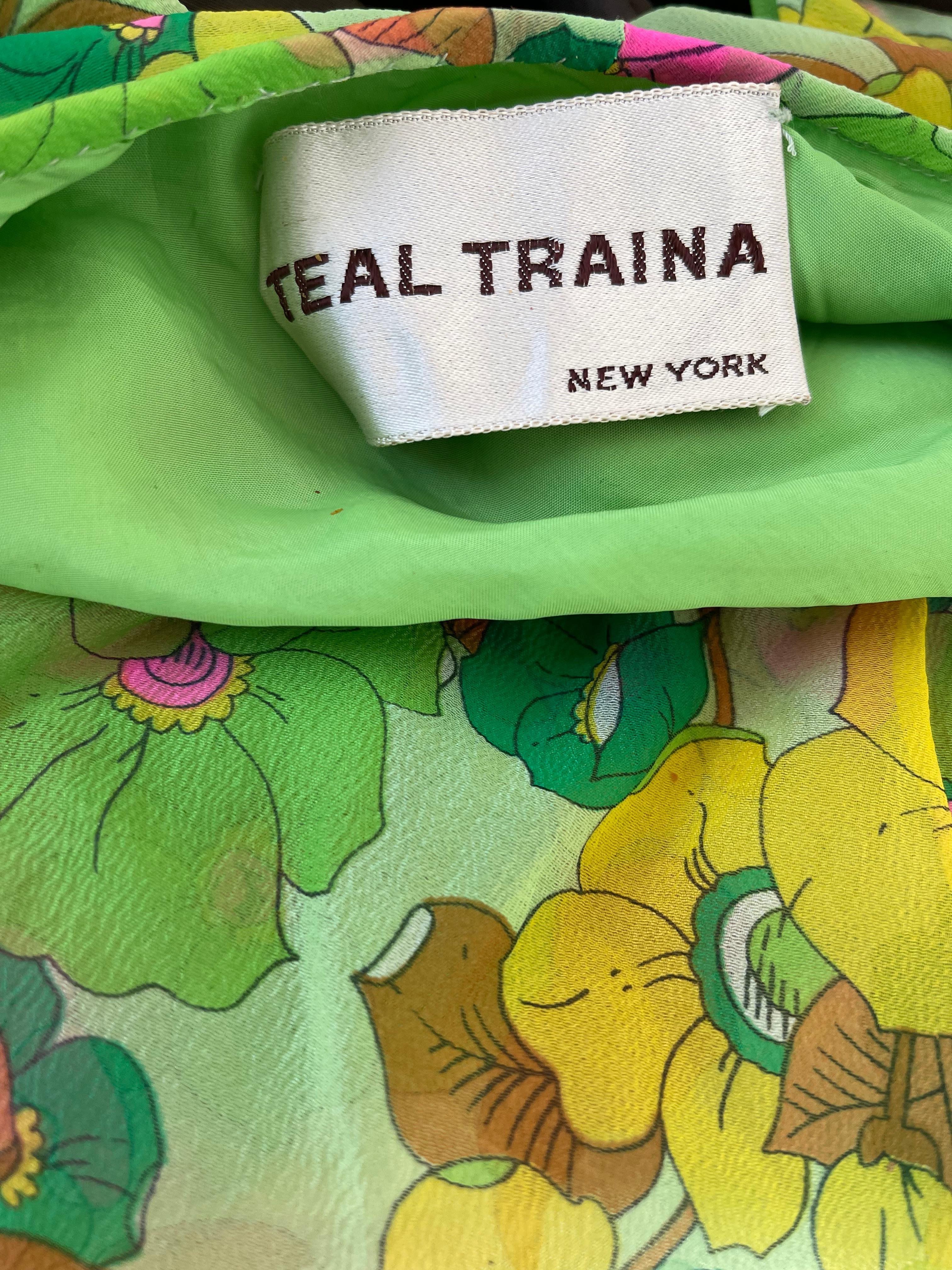 1970s Teal Traina Neon Green Silk Chiffon Vintage Maxi Dress and Shirt Jacket  For Sale 13