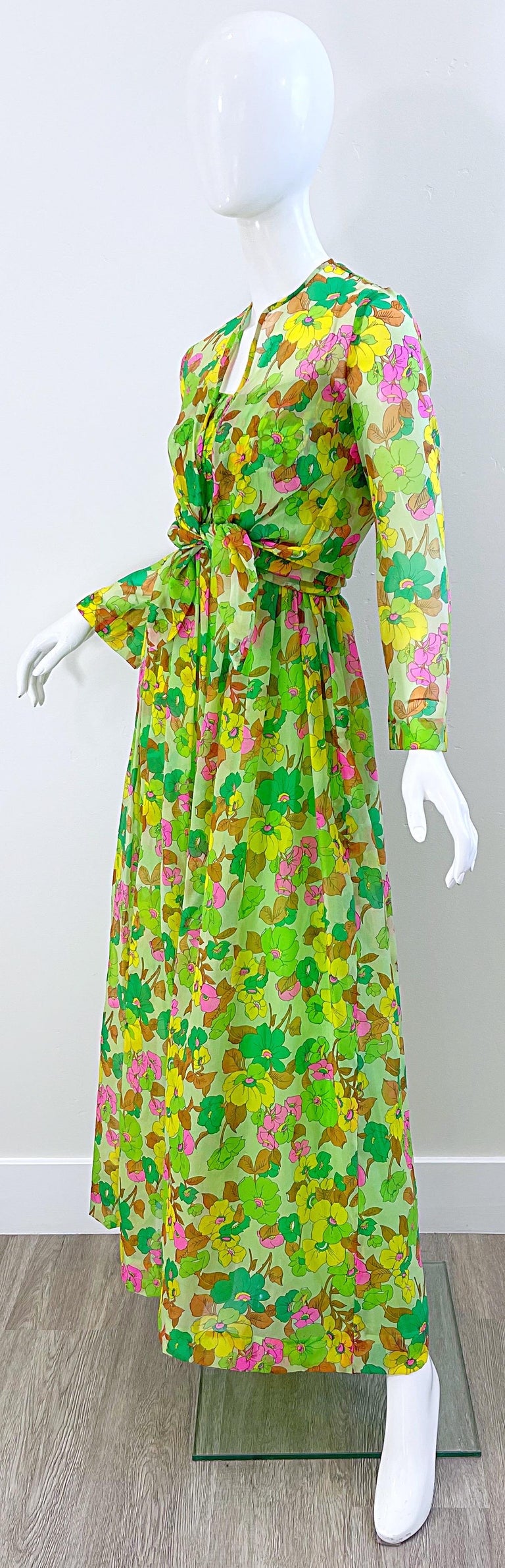 1970s Teal Traina Neon Green Silk Chiffon Vintage Maxi Dress and Shirt Jacket  In Excellent Condition For Sale In San Diego, CA