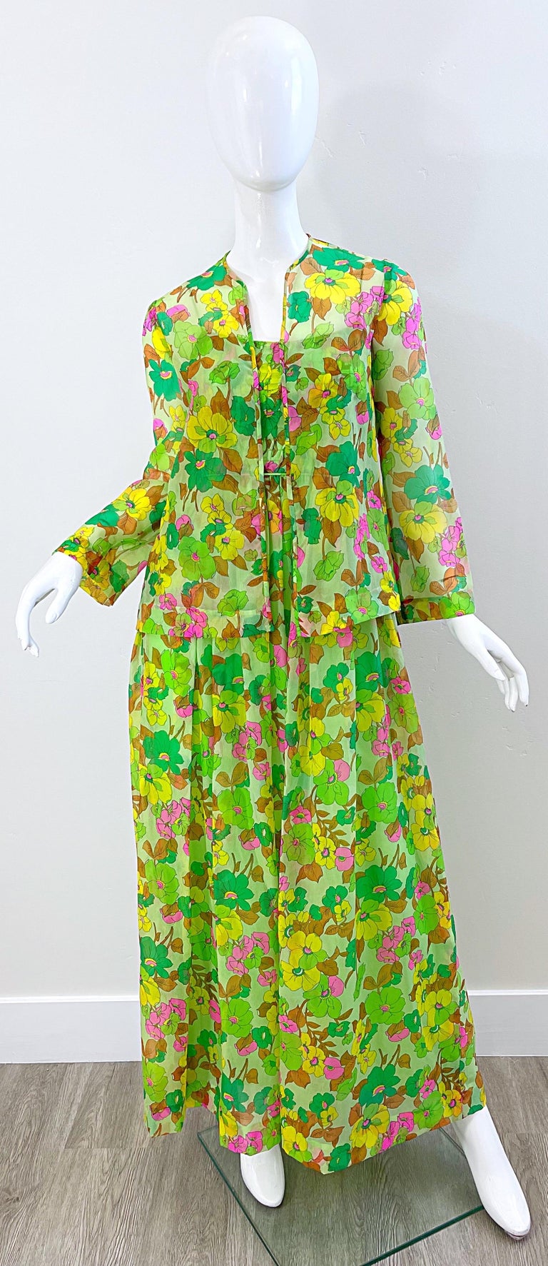 Women's 1970s Teal Traina Neon Green Silk Chiffon Vintage Maxi Dress and Shirt Jacket  For Sale