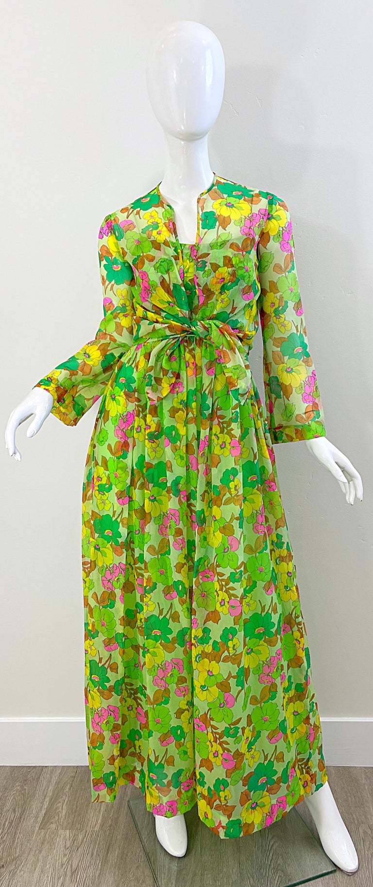 1970s Teal Traina Neon Green Silk Chiffon Vintage Maxi Dress and Shirt Jacket  For Sale 1