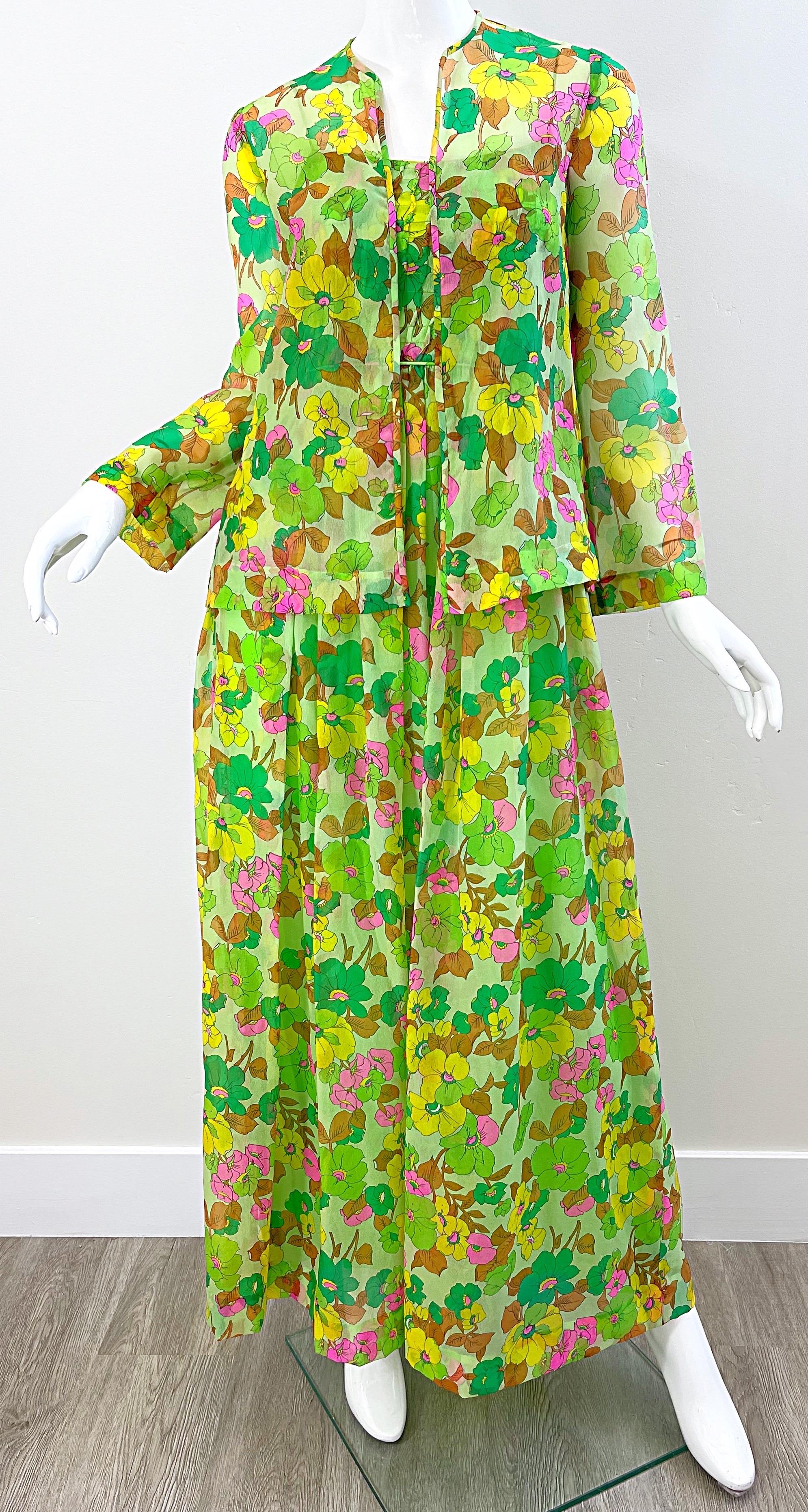 1970s Teal Traina Neon Green Silk Chiffon Vintage Maxi Dress and Shirt Jacket  For Sale 1
