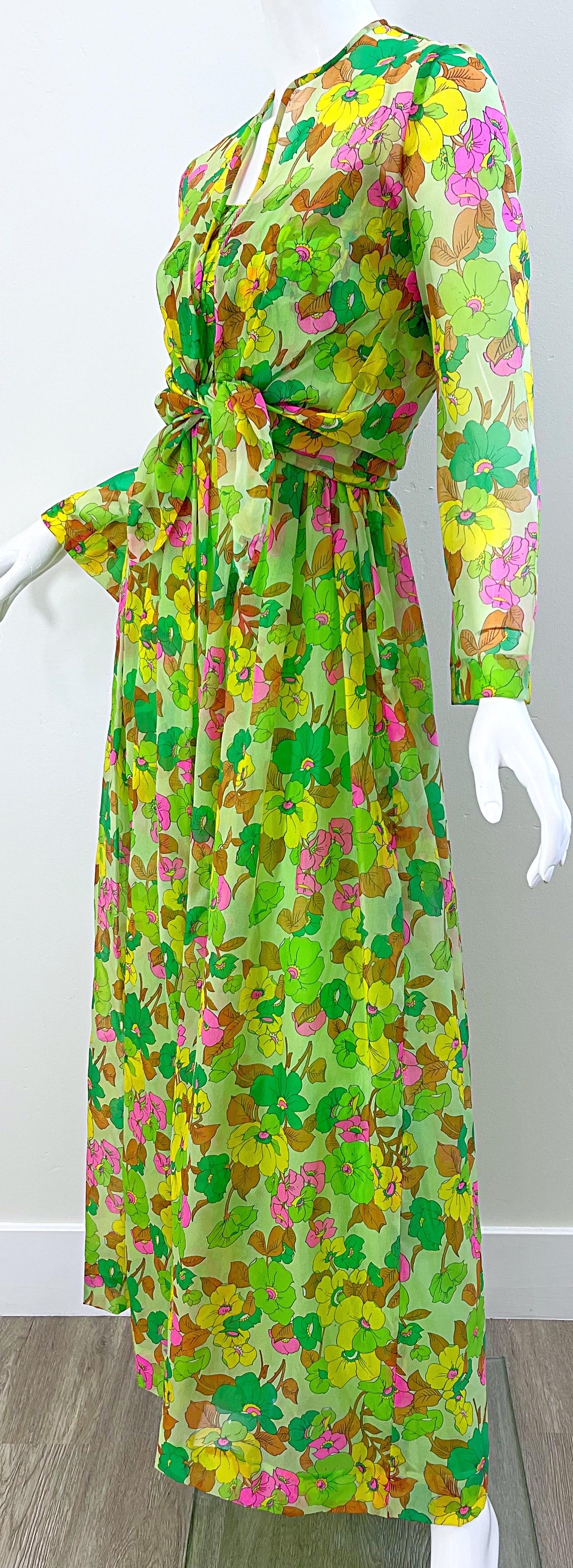 1970s Teal Traina Neon Green Silk Chiffon Vintage Maxi Dress and Shirt Jacket  For Sale 2