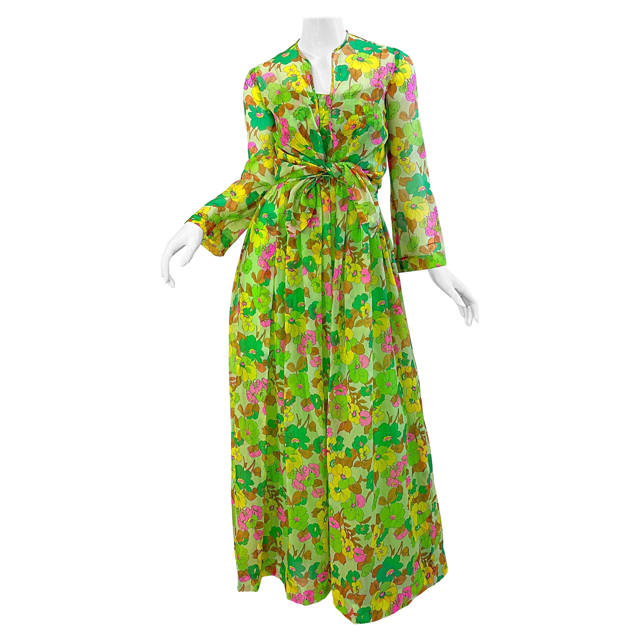 Robe longue et veste chemise vintage Traina en mousseline de soie vert fluo sarcelle, années 1970