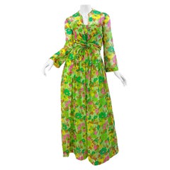 Robe longue et veste chemise vintage Traina en mousseline de soie vert fluo sarcelle, années 1970