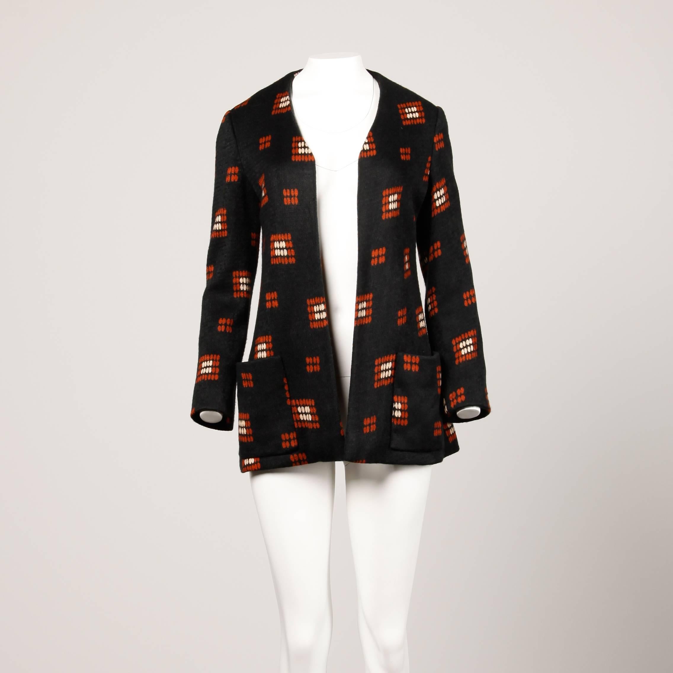 Black 1970s Teal Traina Vintage Wool Knit Cardigan Sweater Blazer Jacket