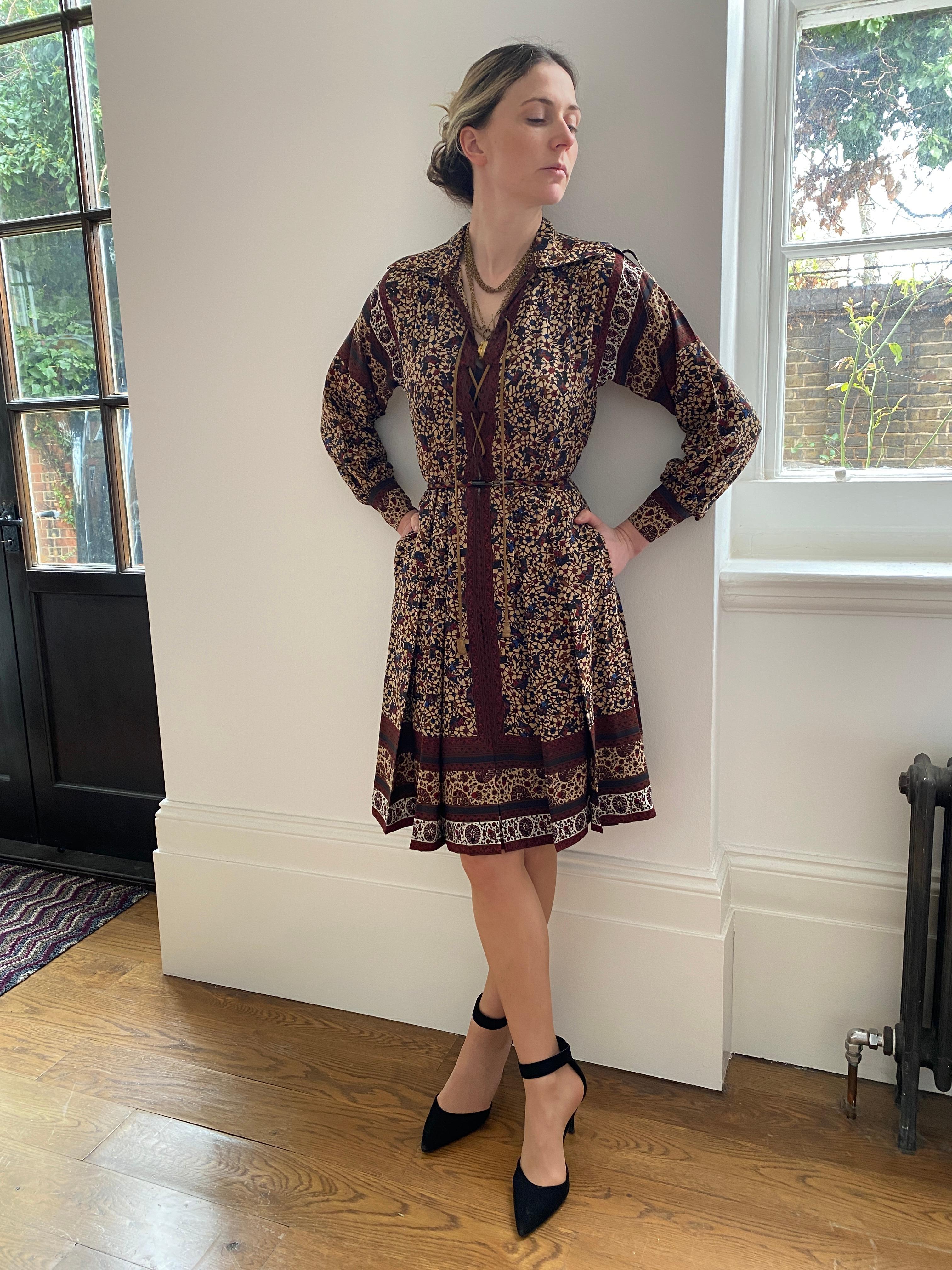 1970s Ted Lapidus Boho Silk and Leather Dress For Sale 3