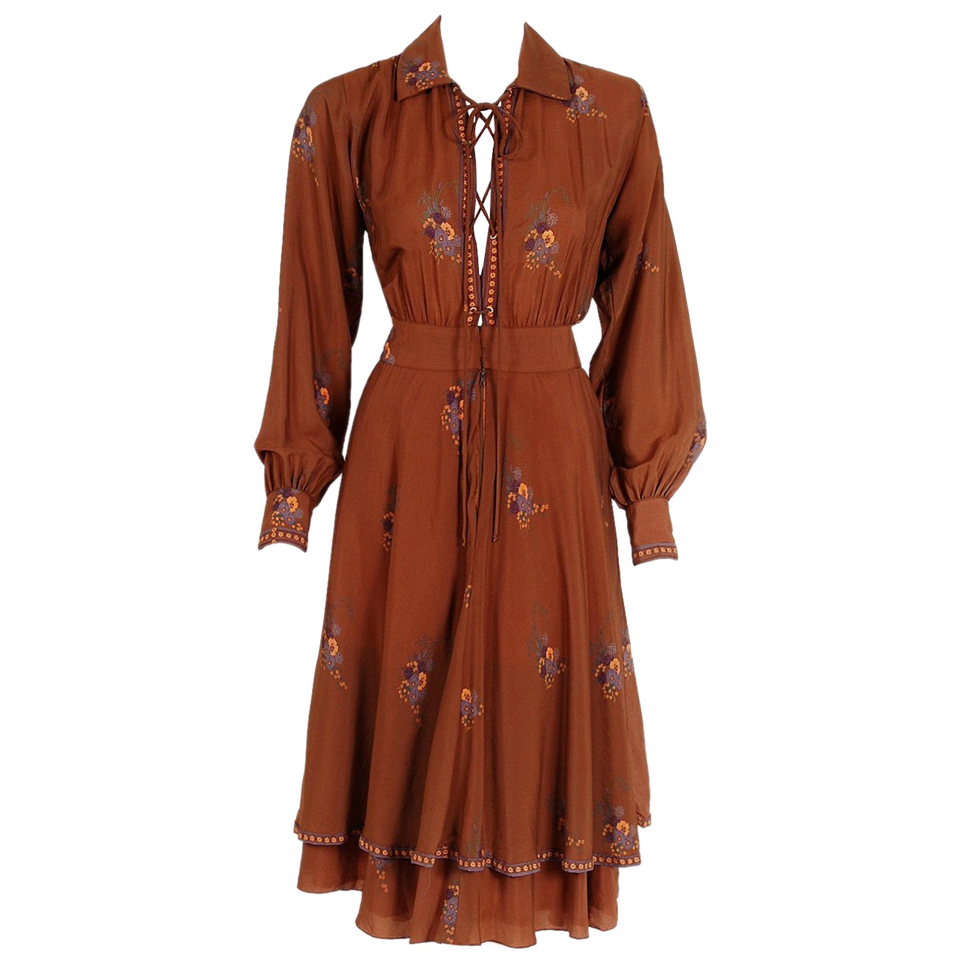1970's Ted Lapidus Couture Cinnamon Floral Print Lace-Up Billow Sleeve Dress