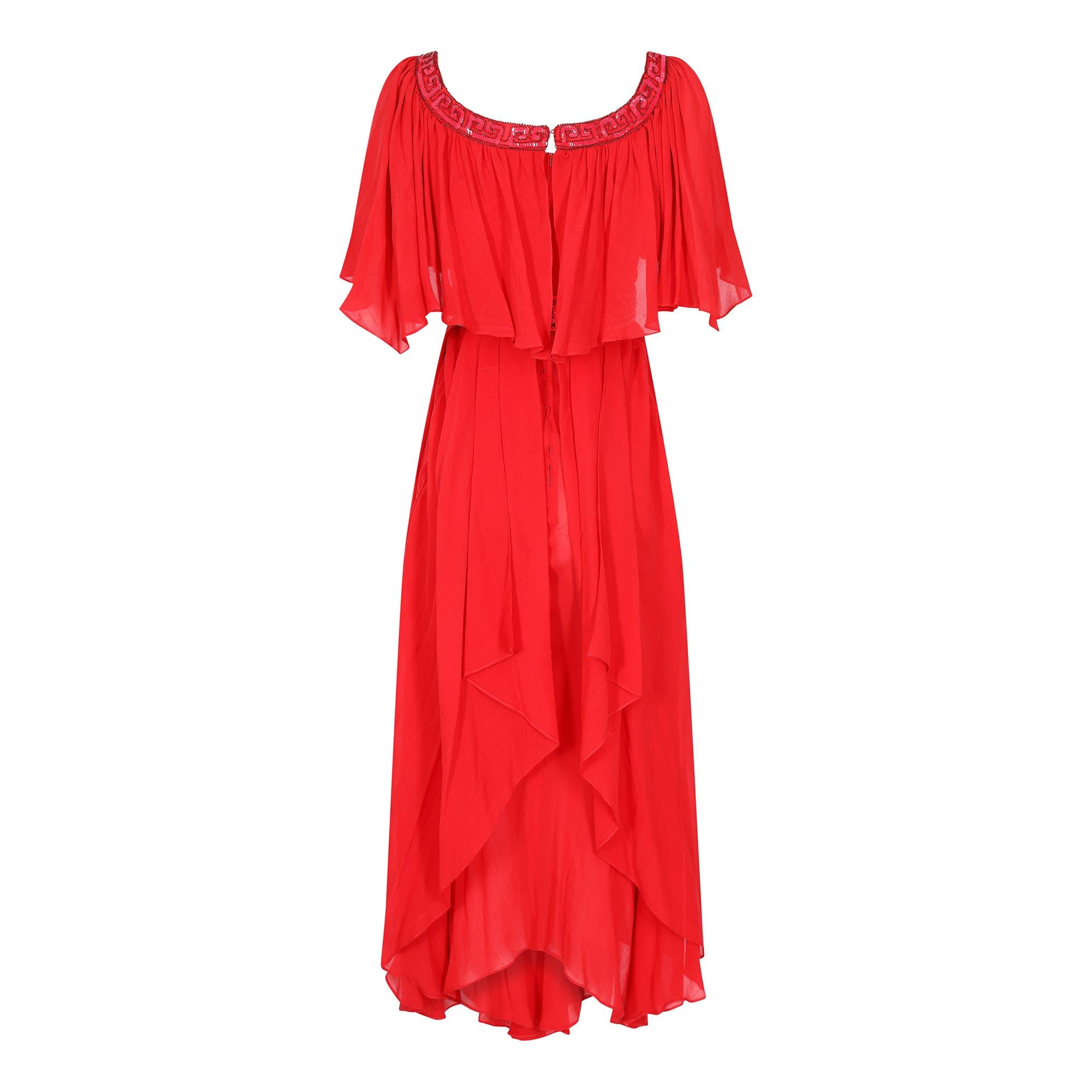 1970s Ted Lapidus Haute Couture Flame Red Silk Dress In Excellent Condition For Sale In London, GB