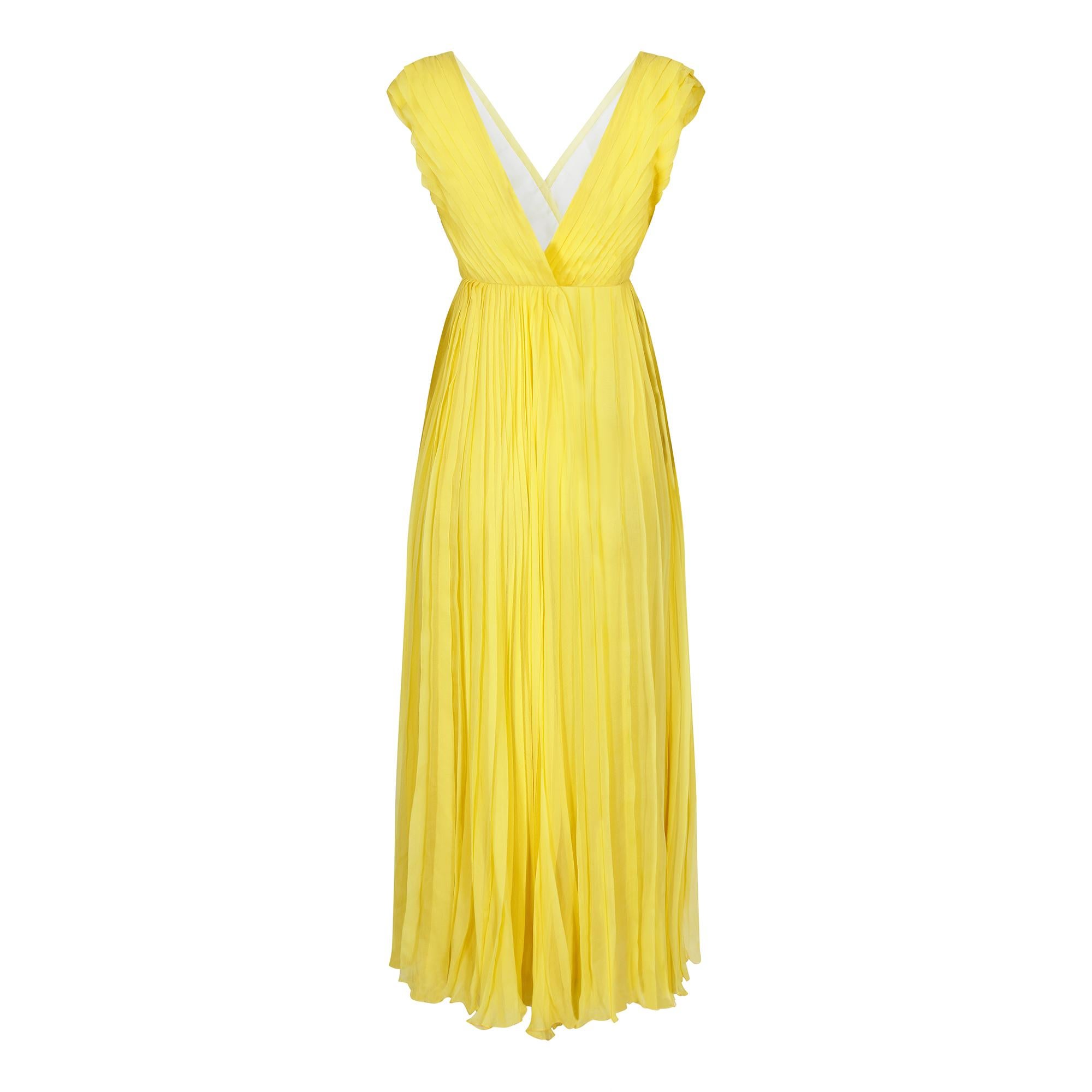 1970s Ted Lapidus Lemon Yellow Pleated Chiffon Dress In Excellent Condition In London, GB