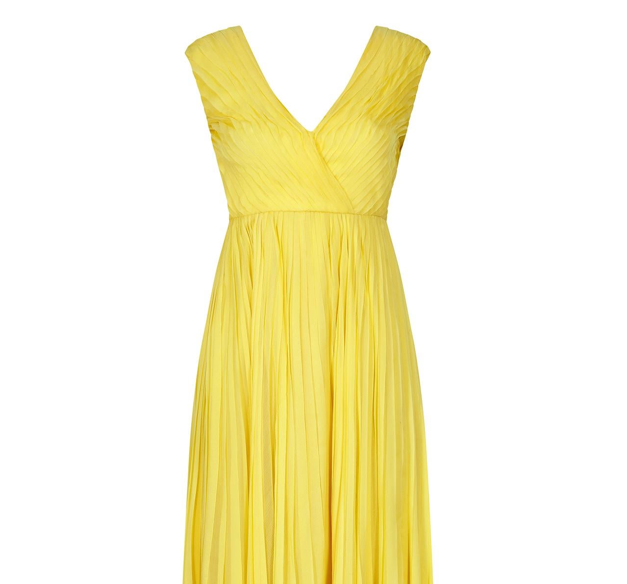 1970s Ted Lapidus Lemon Yellow Pleated Chiffon Dress 1