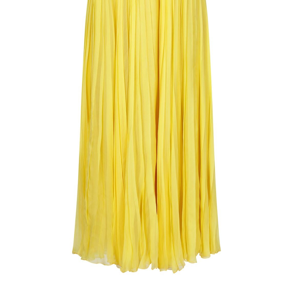 1970s Ted Lapidus Lemon Yellow Pleated Chiffon Dress 2