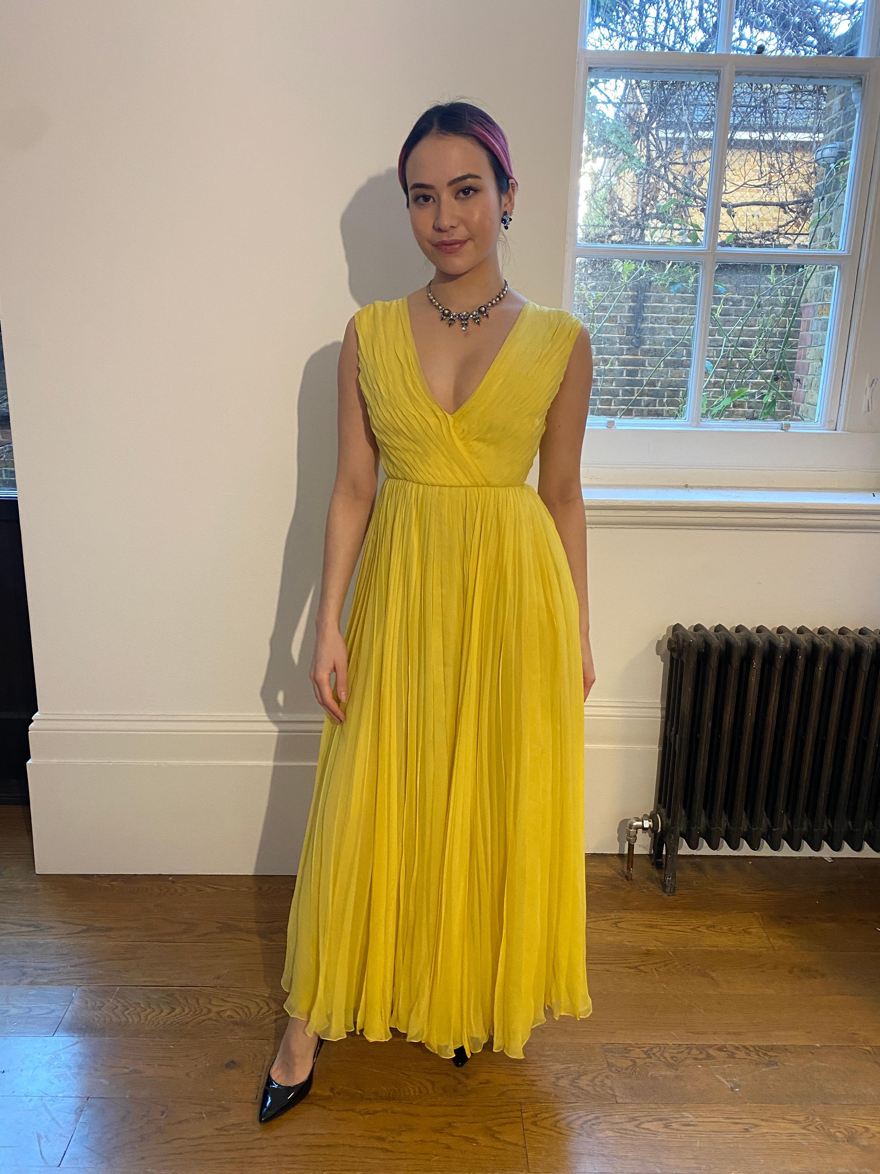 1970s Ted Lapidus Lemon Yellow Pleated Chiffon Dress 4