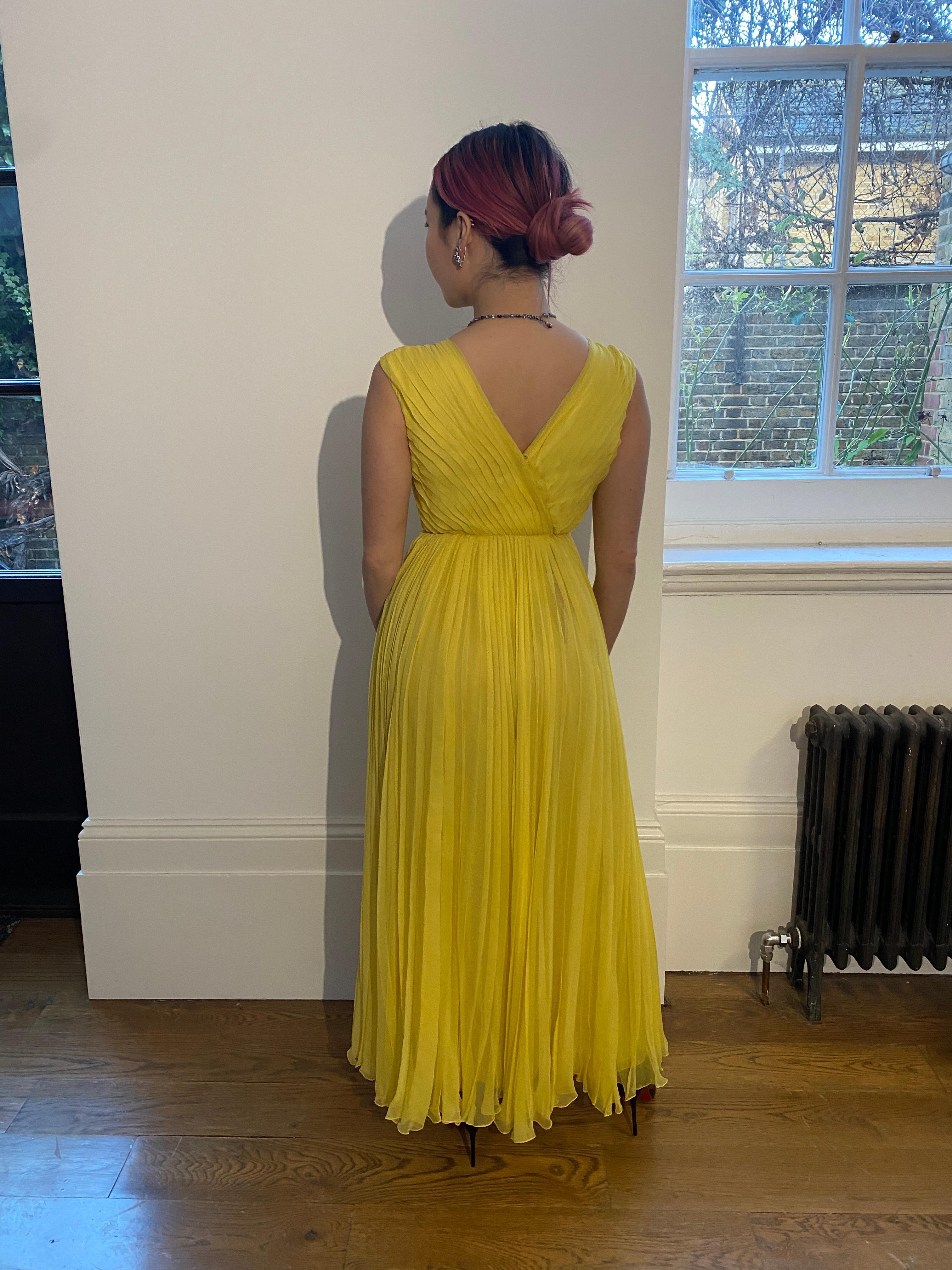 1970s Ted Lapidus Lemon Yellow Pleated Chiffon Dress 5