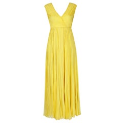 Vintage 1970s Ted Lapidus Lemon Yellow Pleated Chiffon Dress