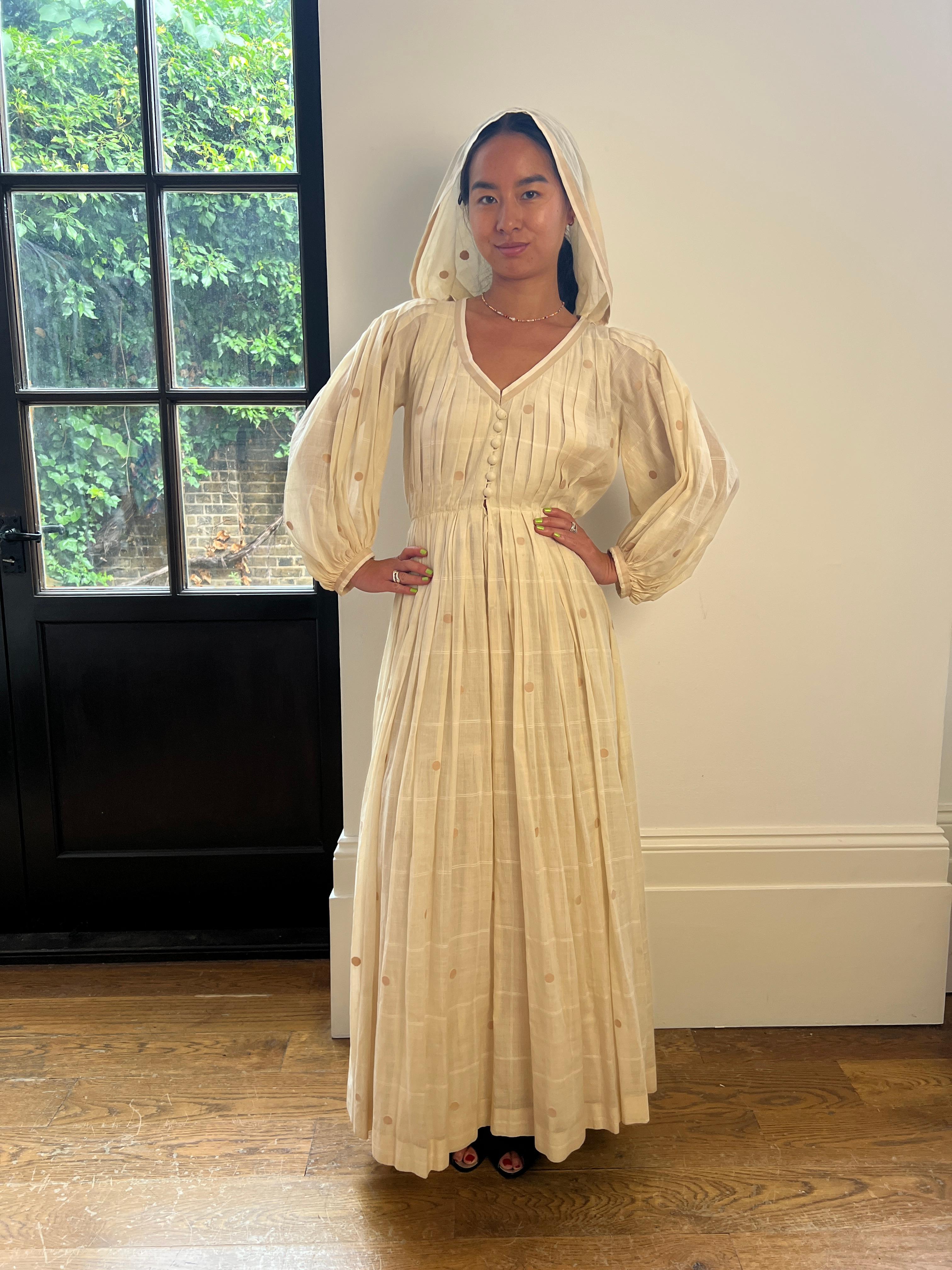 1970s Ted Lapidus Muslin Hooded Swiss-Dot Dress For Sale 2