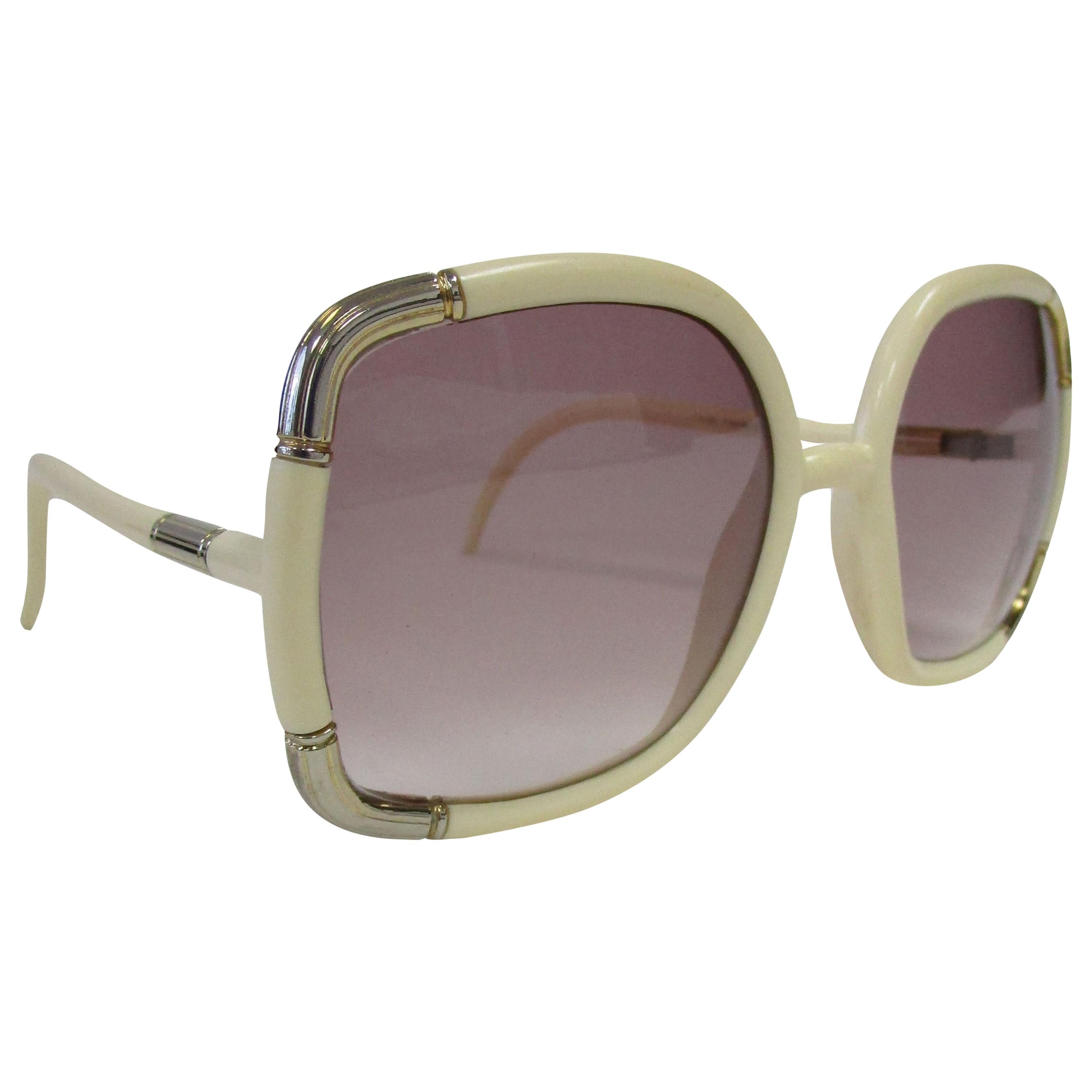 1970s Ted Lapidus Paris Ivory and Gold Hardware Over-sized Sunglasses 