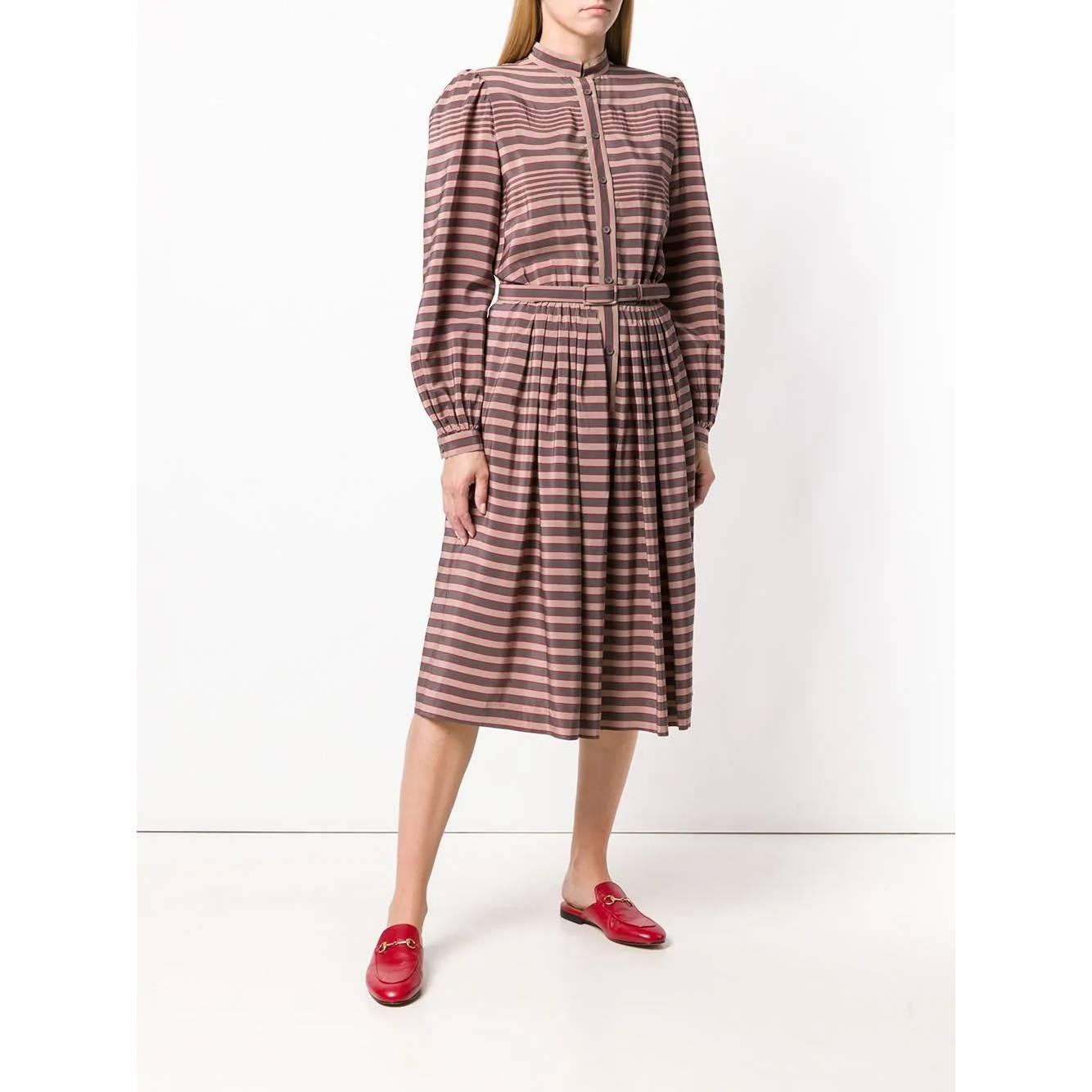 Brown 1970s Ted Lapidus Red and Dove-Grey Striped Silk Dress