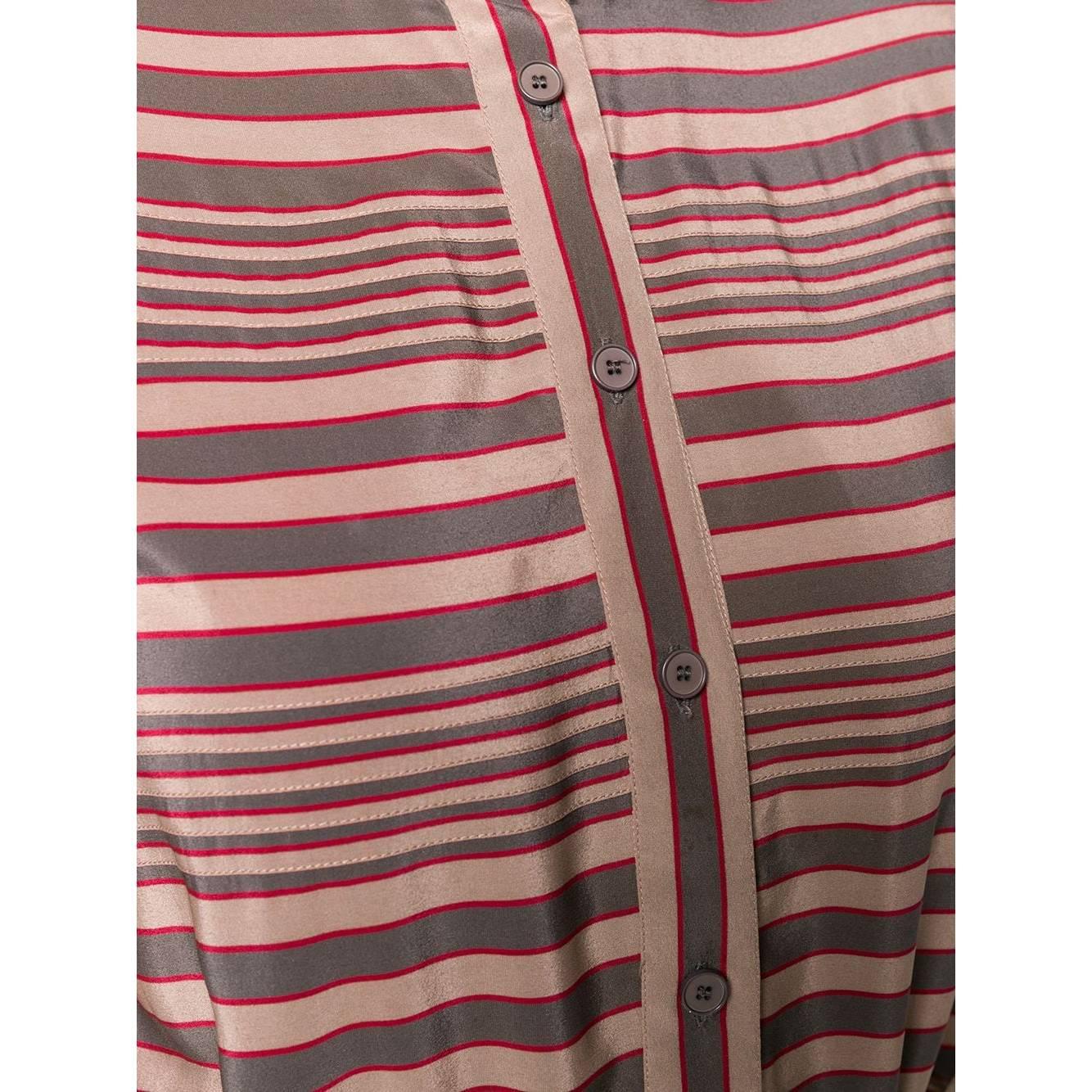 Women's 1970s Ted Lapidus Red and Dove-Grey Striped Silk Dress