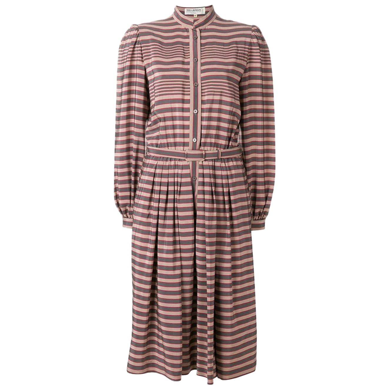 1970s Ted Lapidus Red and Dove-Grey Striped Silk Dress For Sale